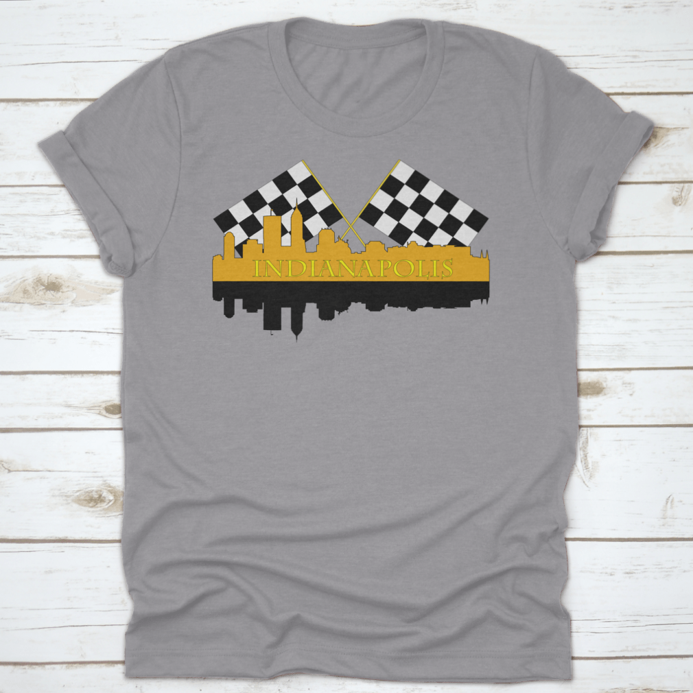 A stylish t-shirt featuring the Indianapolis skyline with high-rise buildings and a racing finish, showcasing the city's vibrant architecture.