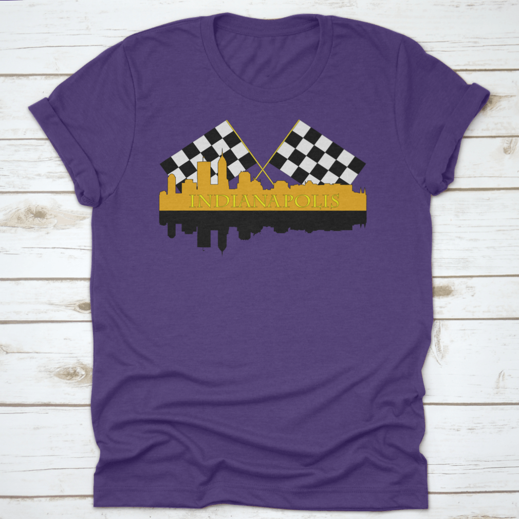 A stylish t-shirt featuring the Indianapolis skyline with high-rise buildings and a racing finish, showcasing the city's vibrant architecture.