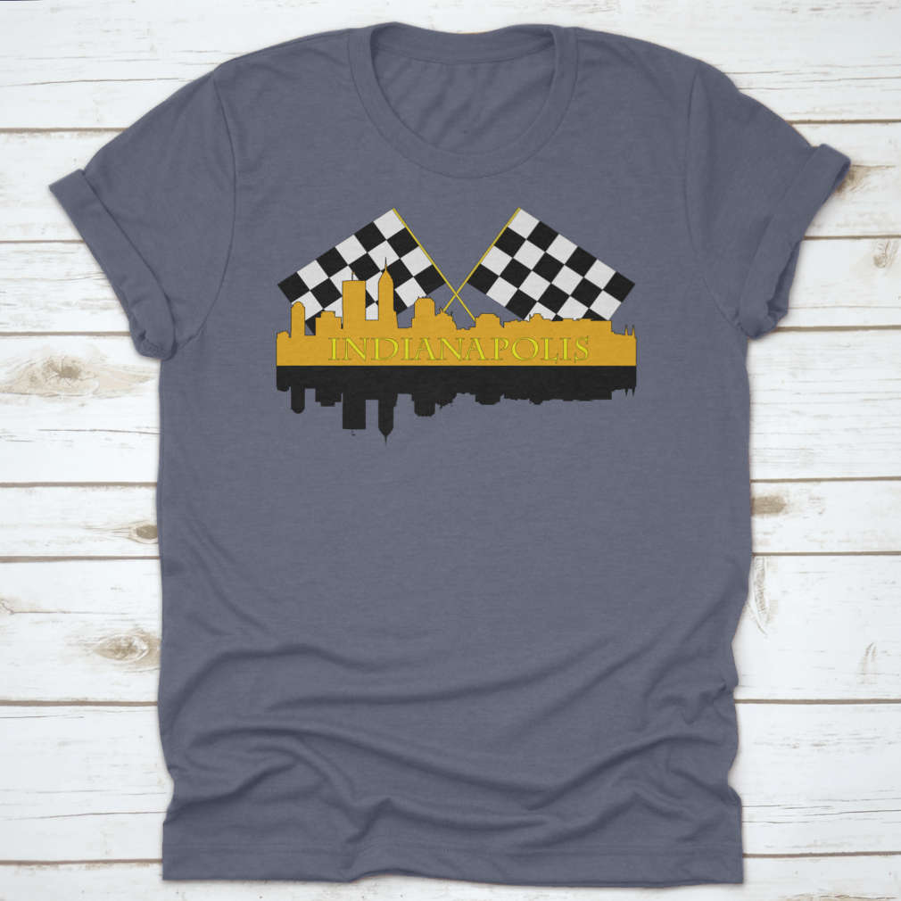A stylish t-shirt featuring the Indianapolis skyline with high-rise buildings and a racing finish, showcasing the city's vibrant architecture.