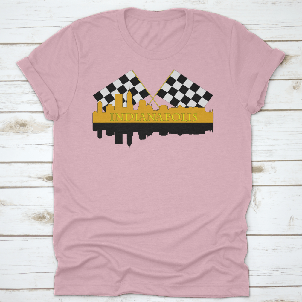 A stylish t-shirt featuring the Indianapolis skyline with high-rise buildings and a racing finish, showcasing the city's vibrant architecture.