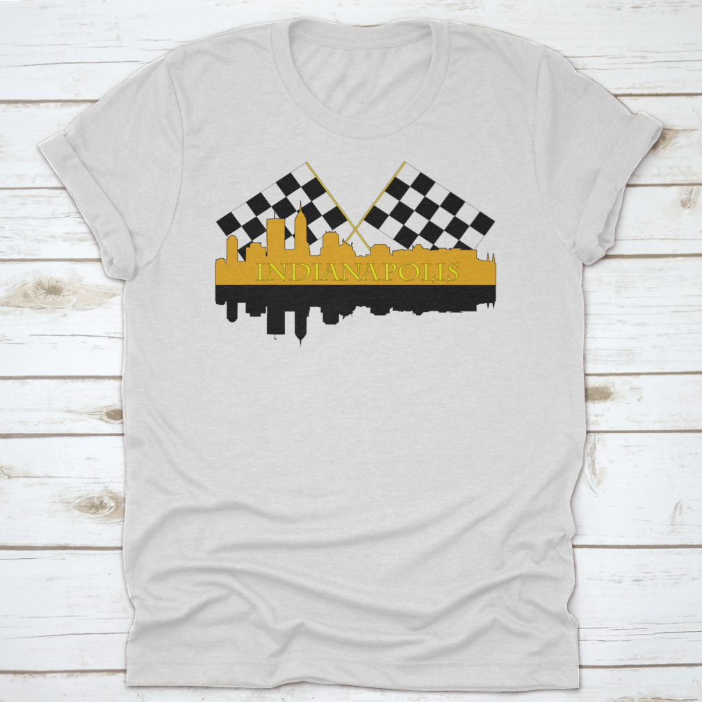 A stylish t-shirt featuring the Indianapolis skyline with high-rise buildings and a racing finish, showcasing the city's vibrant architecture.