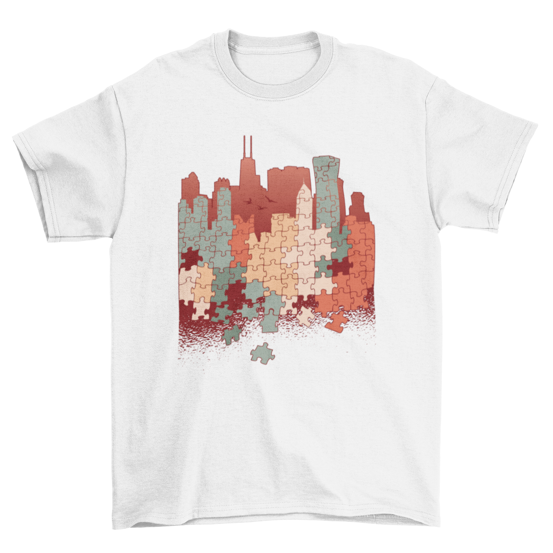 City Puzzle T-Shirt featuring a colorful cityscape design made of puzzle pieces, showcasing vibrant colors and artistic illustration.