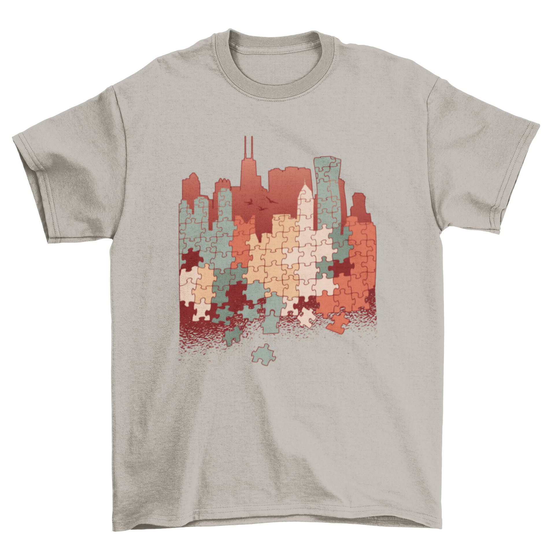 City Puzzle T-Shirt featuring a colorful cityscape design made of puzzle pieces, showcasing vibrant colors and artistic illustration.