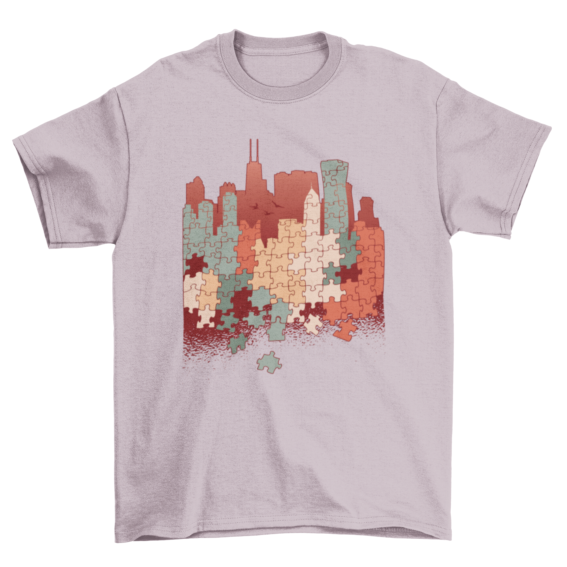 City Puzzle T-Shirt featuring a colorful cityscape design made of puzzle pieces, showcasing vibrant colors and artistic illustration.
