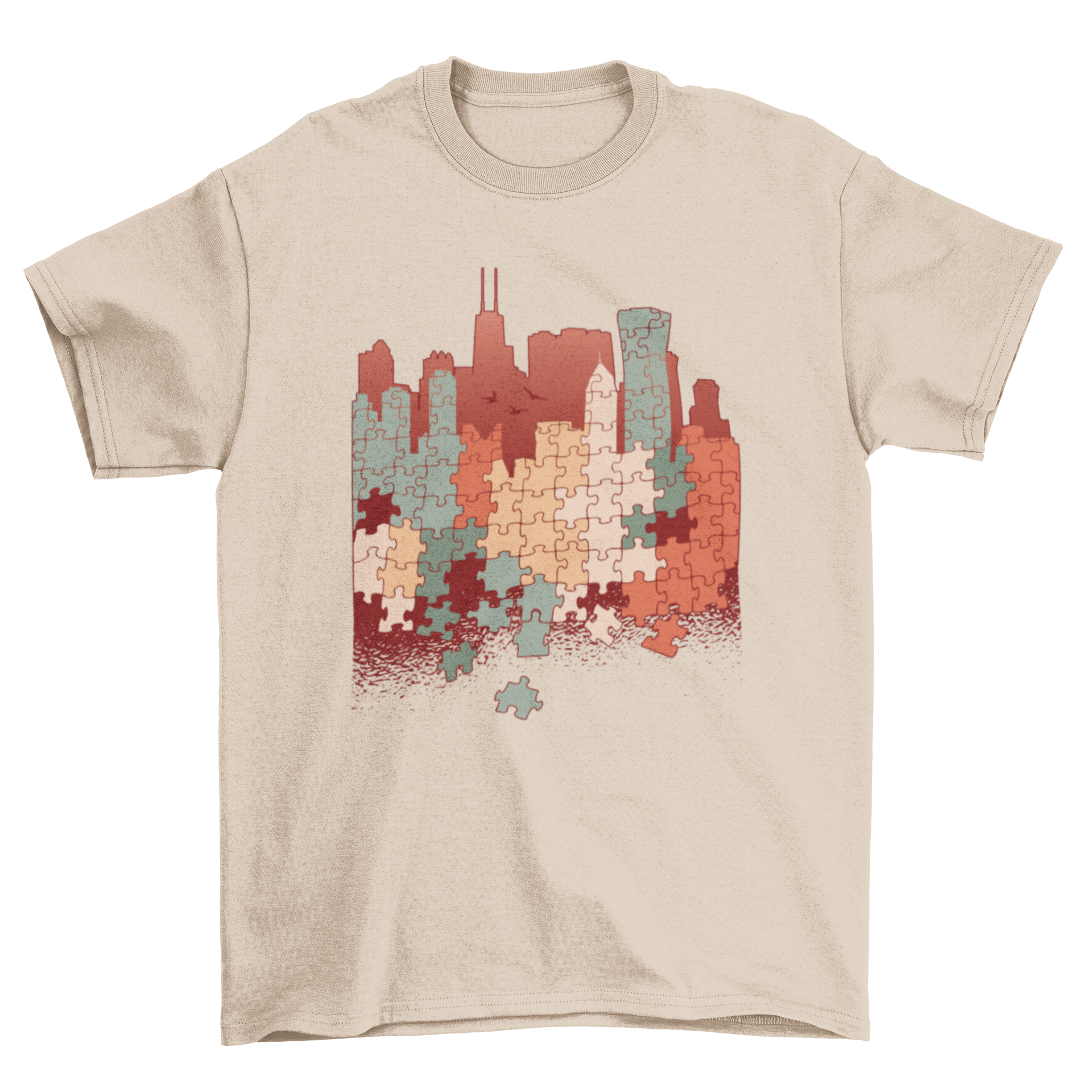 City Puzzle T-Shirt featuring a colorful cityscape design made of puzzle pieces, showcasing vibrant colors and artistic illustration.