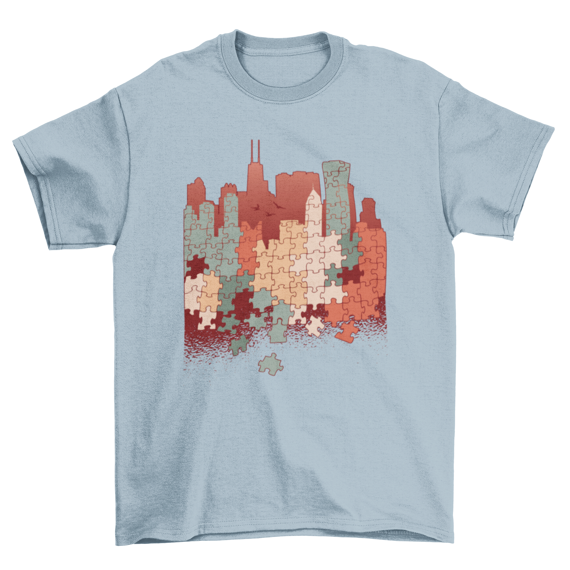 City Puzzle T-Shirt featuring a colorful cityscape design made of puzzle pieces, showcasing vibrant colors and artistic illustration.