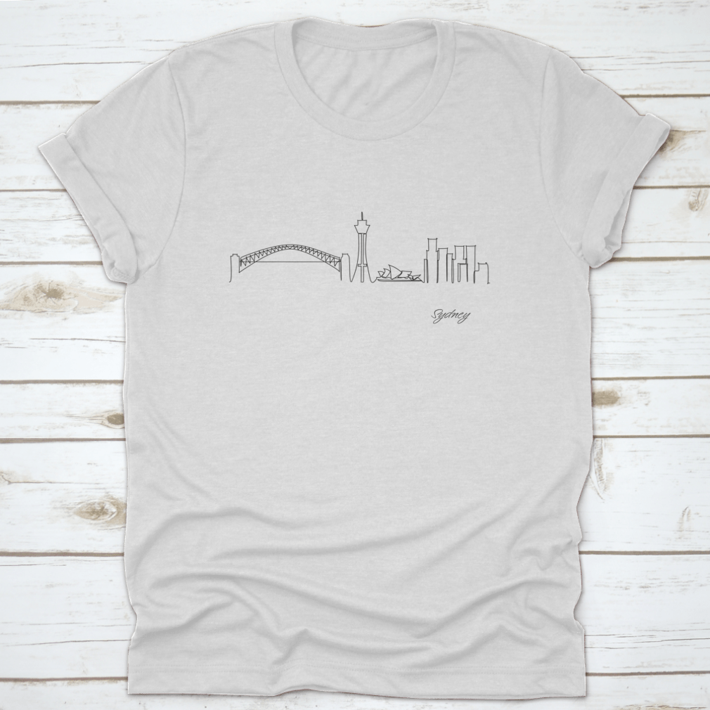 A stylish pen line drawing of Sydney's skyline, featuring iconic landmarks in a minimalist black line design.