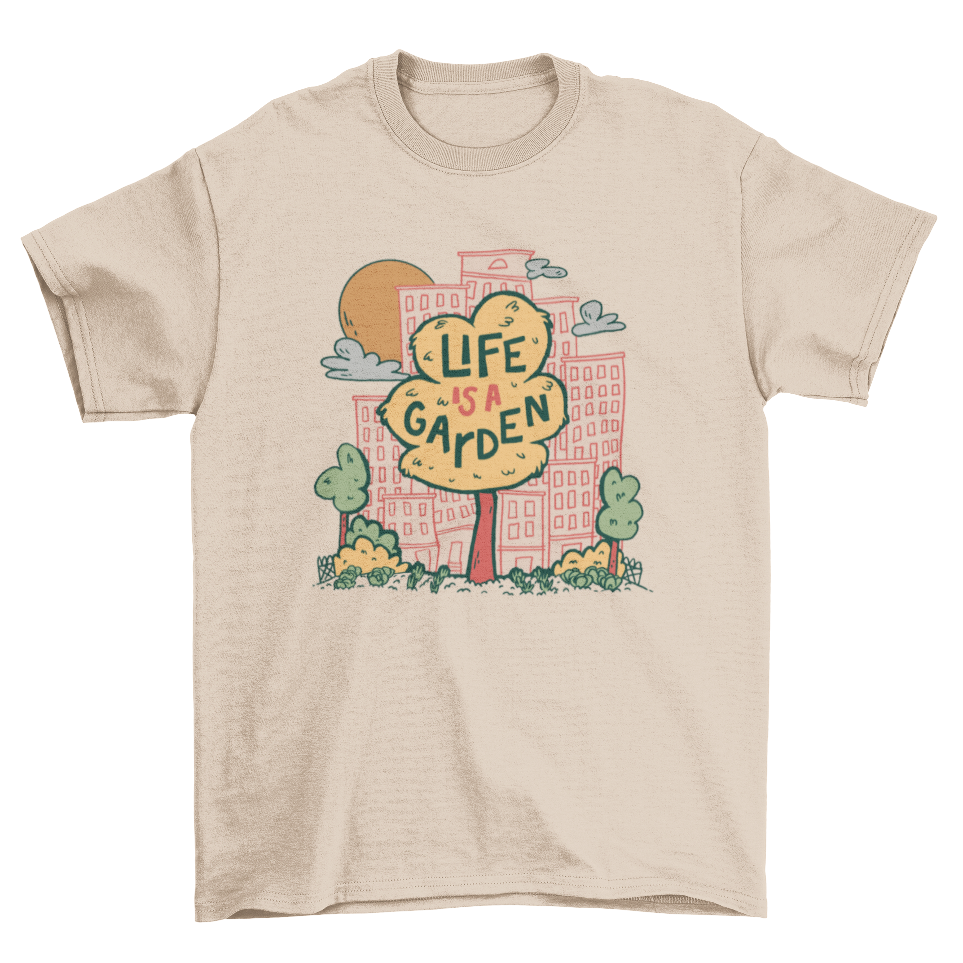 City Tree Garden T-shirt featuring a tree design and an inspiring quote, perfect for casual wear.