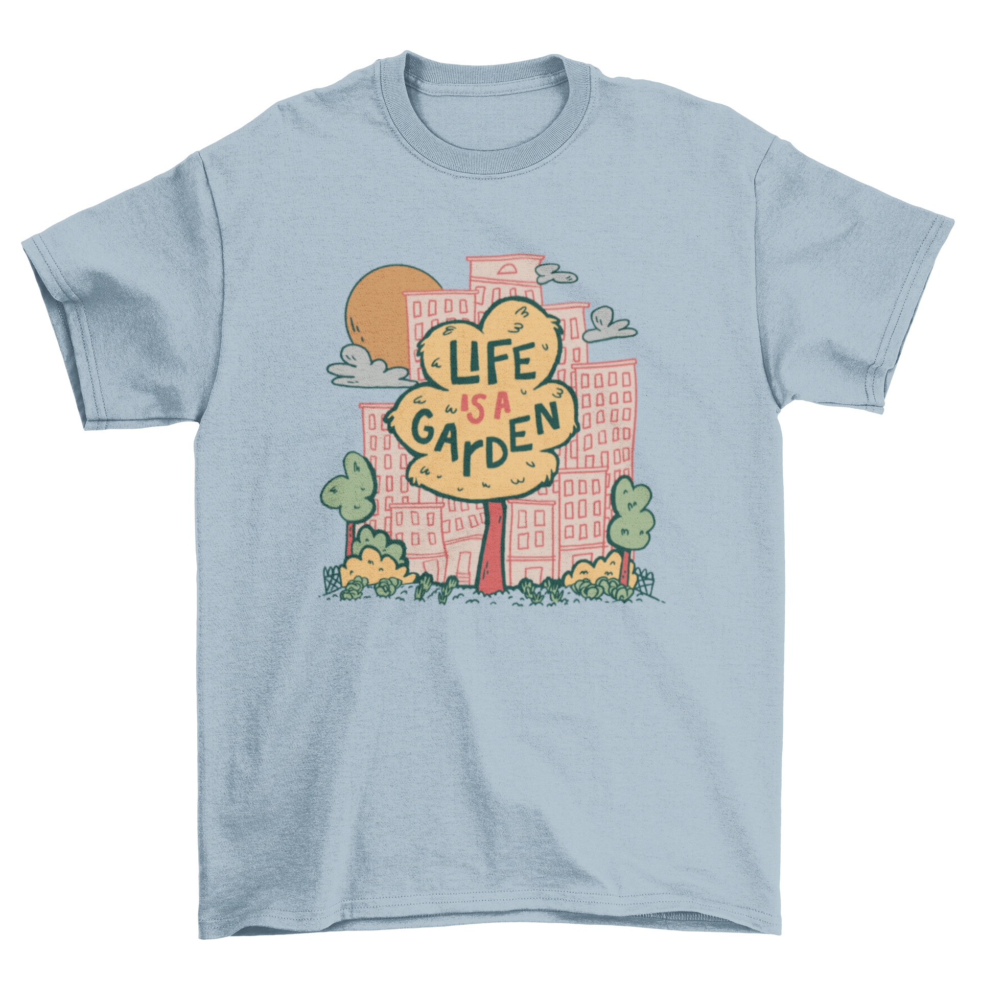 City Tree Garden T-shirt featuring a tree design and an inspiring quote, perfect for casual wear.