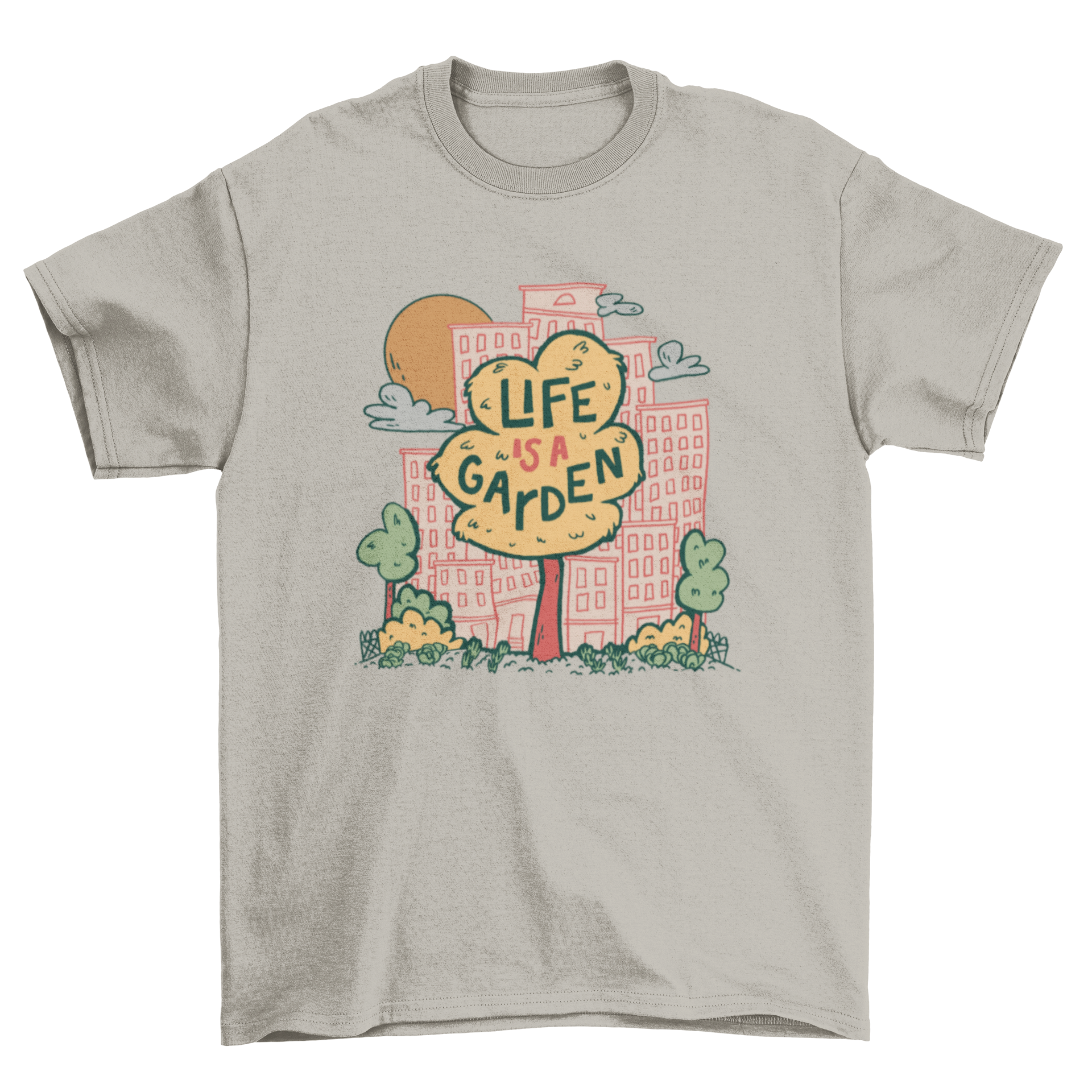 City Tree Garden T-shirt featuring a tree design and an inspiring quote, perfect for casual wear.