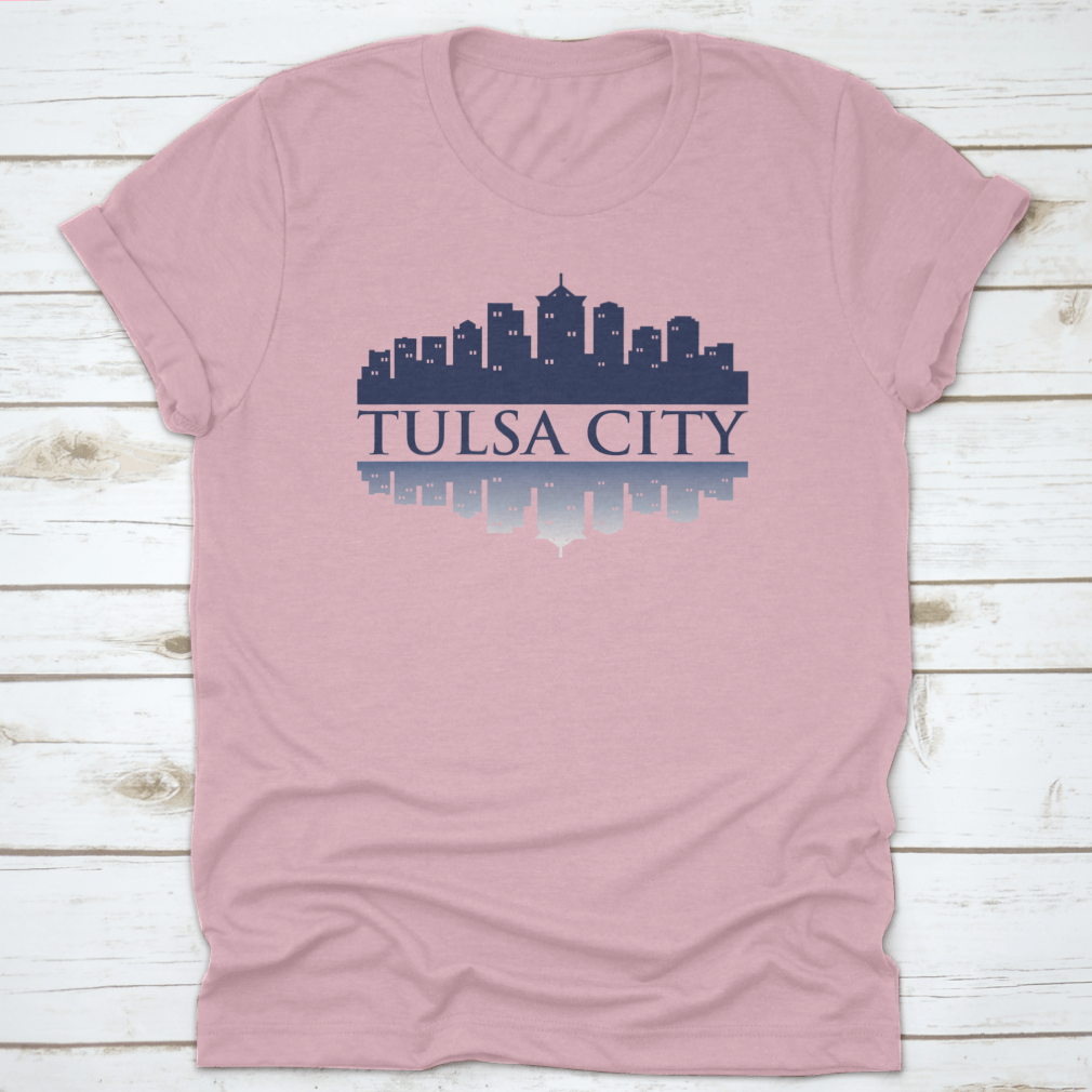 Cityscape Dark View of Tulsa City Skyline T-Shirt featuring shadow reflection design, made from 100% cotton for comfort.