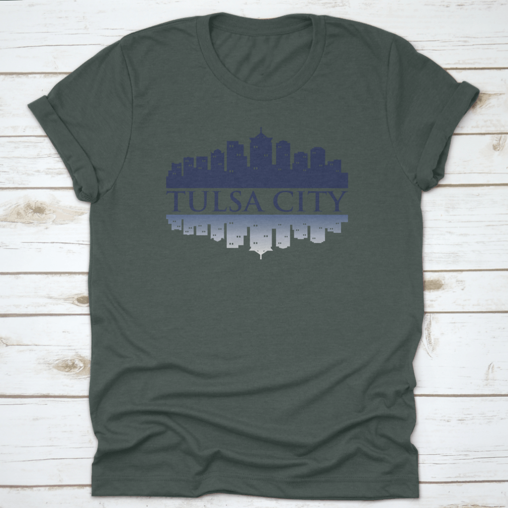 Cityscape Dark View of Tulsa City Skyline T-Shirt featuring shadow reflection design, made from 100% cotton for comfort.