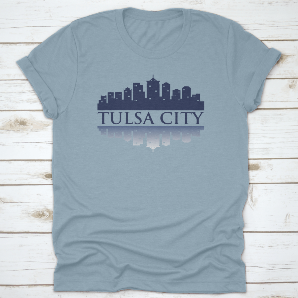 Cityscape Dark View of Tulsa City Skyline T-Shirt featuring shadow reflection design, made from 100% cotton for comfort.