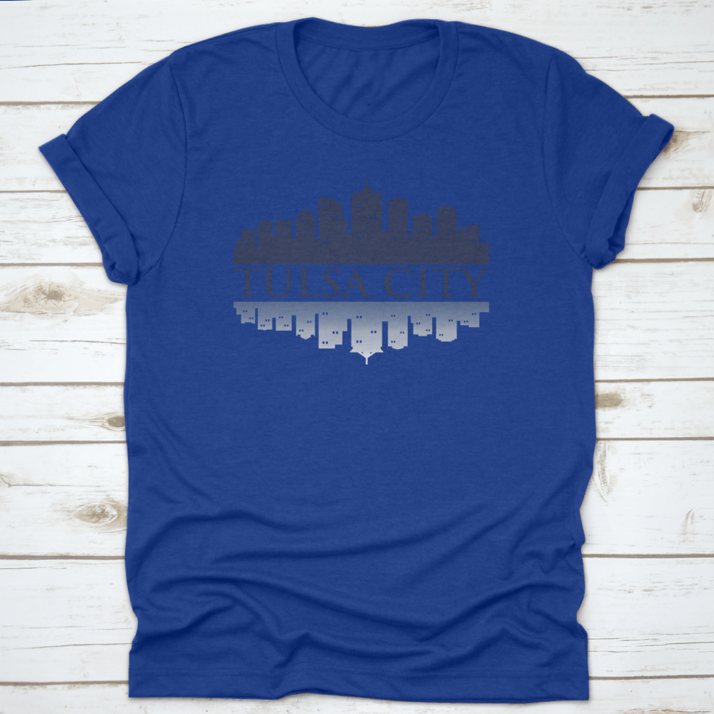 Cityscape Dark View of Tulsa City Skyline T-Shirt featuring shadow reflection design, made from 100% cotton for comfort.