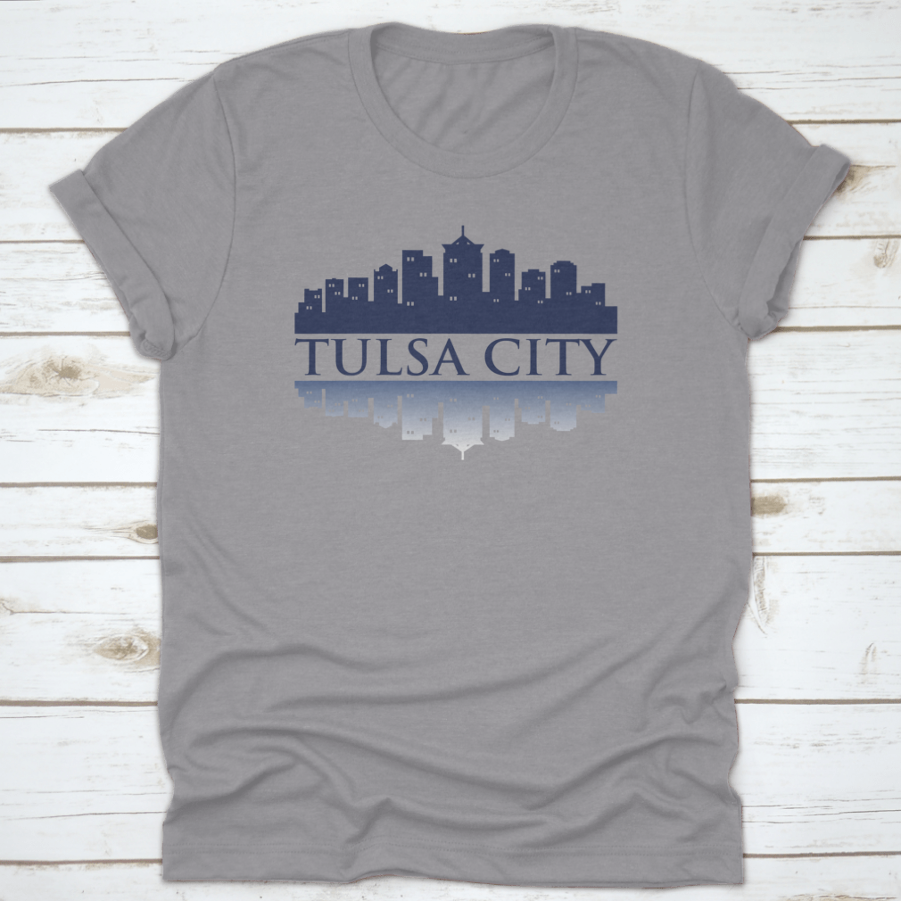 Cityscape Dark View of Tulsa City Skyline T-Shirt featuring shadow reflection design, made from 100% cotton for comfort.