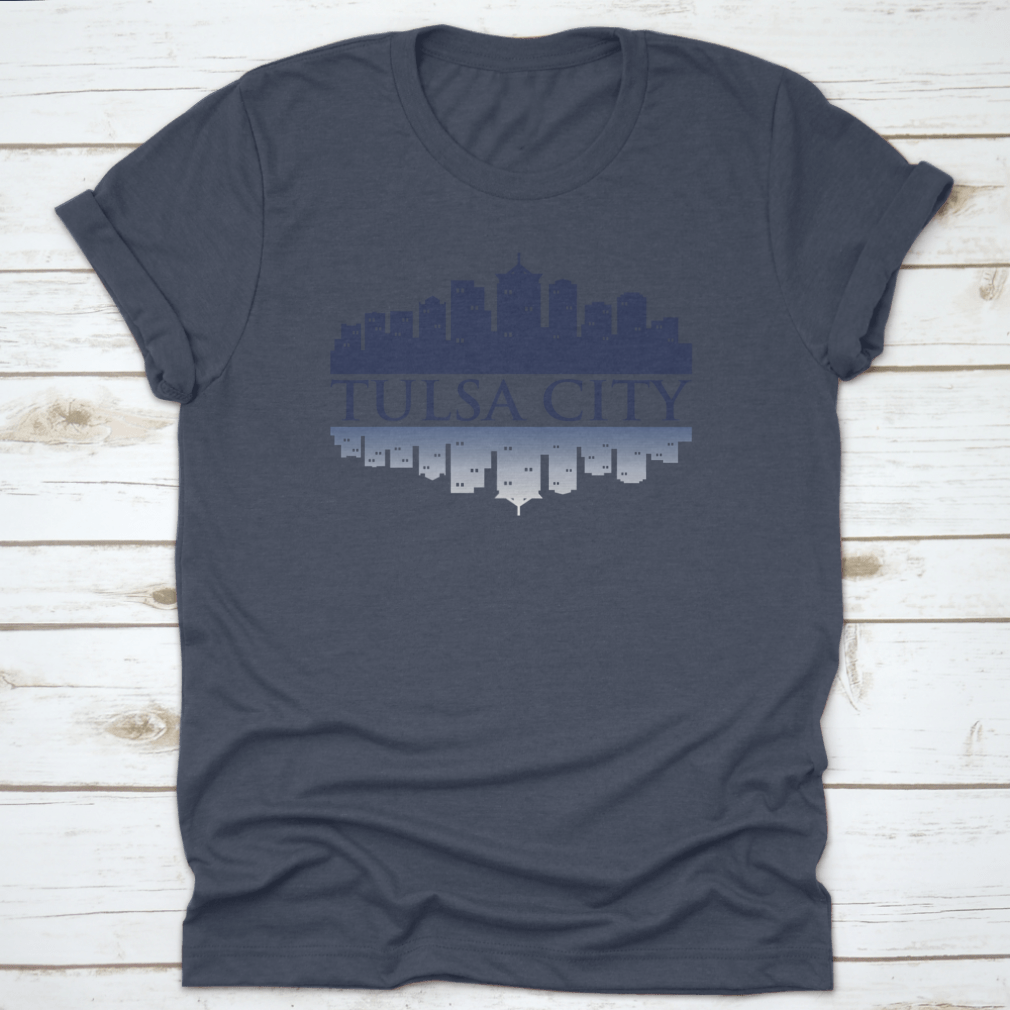 Cityscape Dark View of Tulsa City Skyline T-Shirt featuring shadow reflection design, made from 100% cotton for comfort.