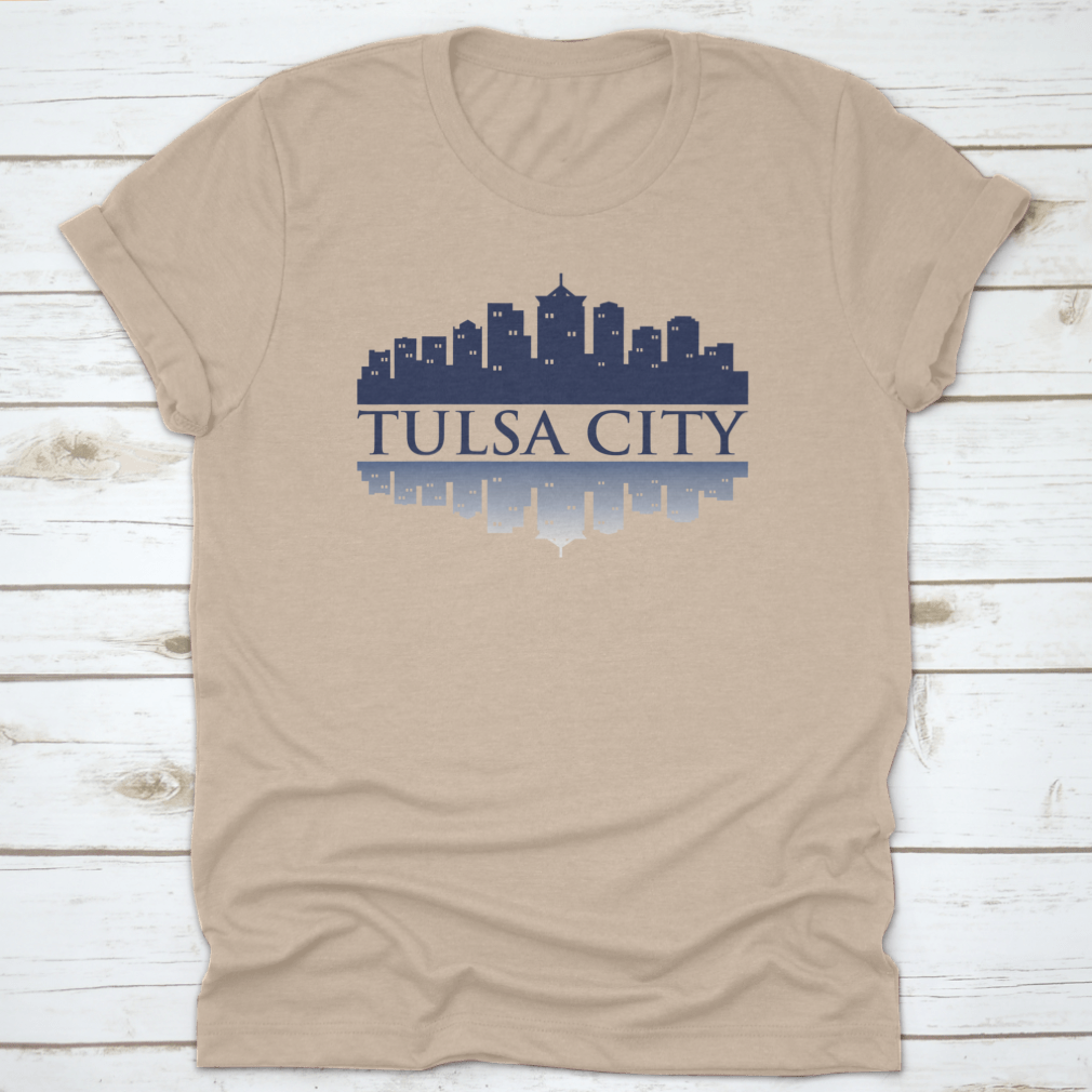 Cityscape Dark View of Tulsa City Skyline T-Shirt featuring shadow reflection design, made from 100% cotton for comfort.