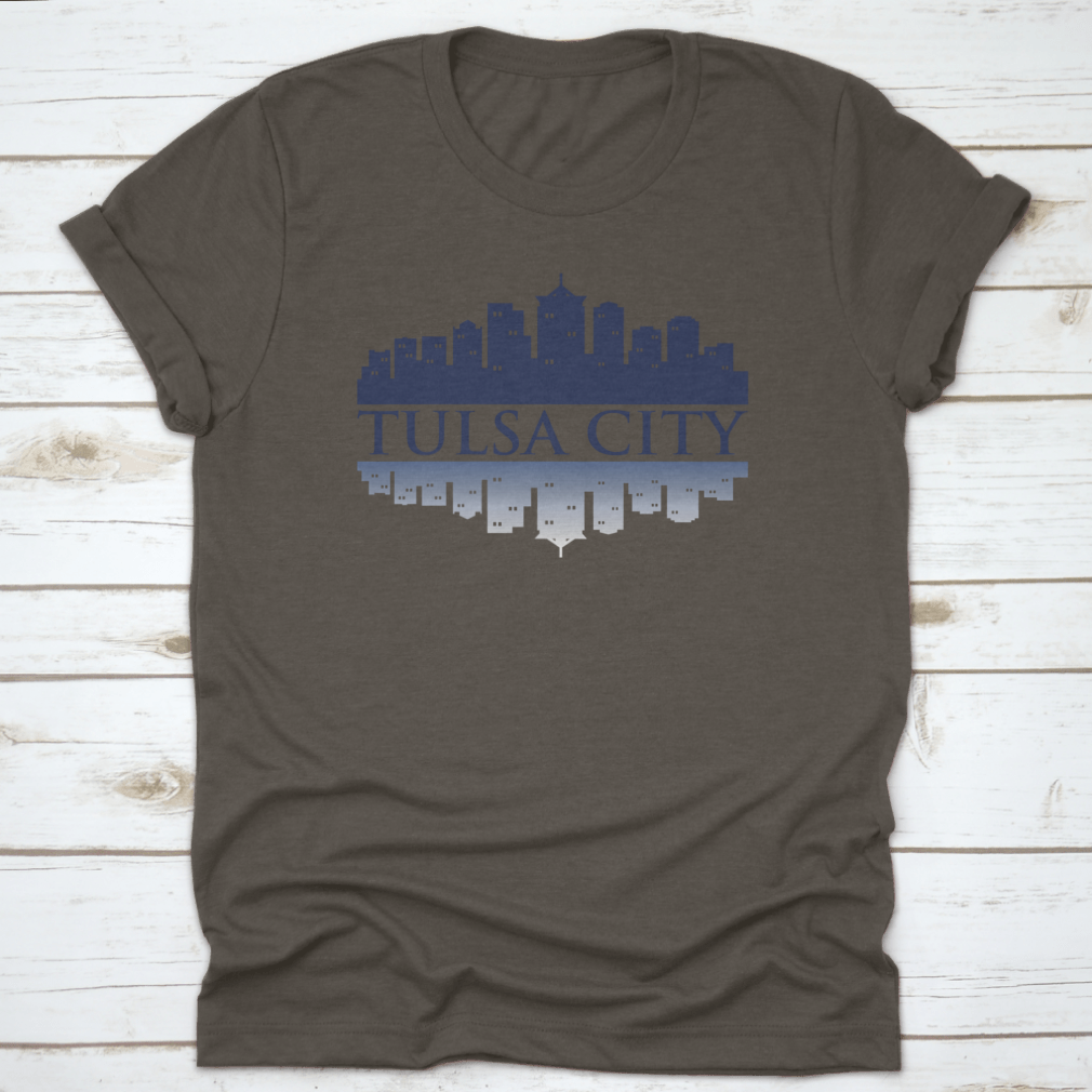 Cityscape Dark View of Tulsa City Skyline T-Shirt featuring shadow reflection design, made from 100% cotton for comfort.