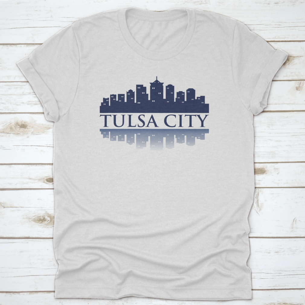 Cityscape Dark View of Tulsa City Skyline T-Shirt featuring shadow reflection design, made from 100% cotton for comfort.