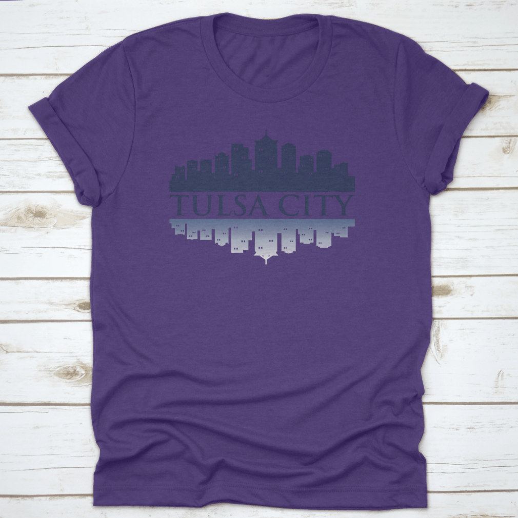 Cityscape Dark View of Tulsa City Skyline T-Shirt featuring shadow reflection design, made from 100% cotton for comfort.
