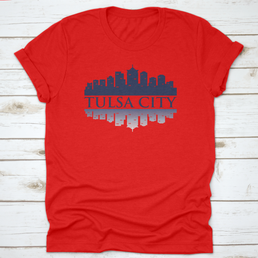 Cityscape Dark View of Tulsa City Skyline T-Shirt featuring shadow reflection design, made from 100% cotton for comfort.
