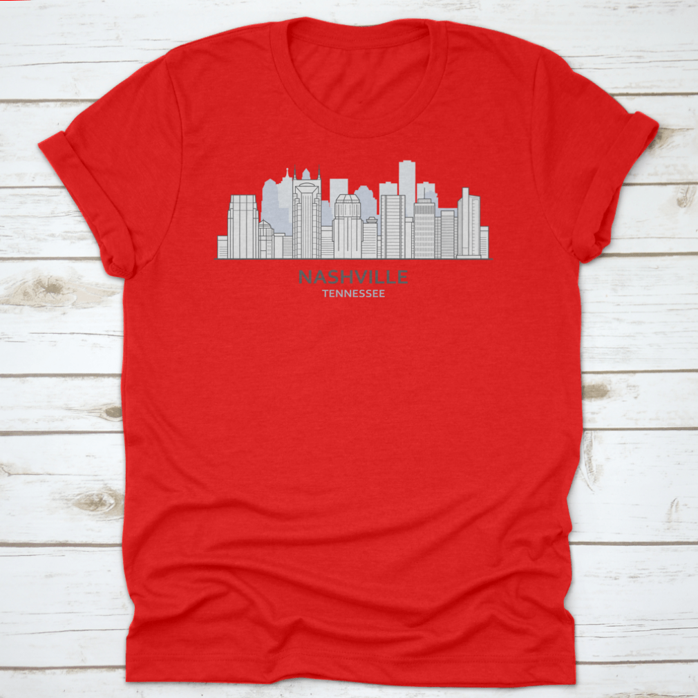 A stylish T-shirt featuring a line art design of the Nashville, Tennessee skyline, showcasing iconic buildings and structures.