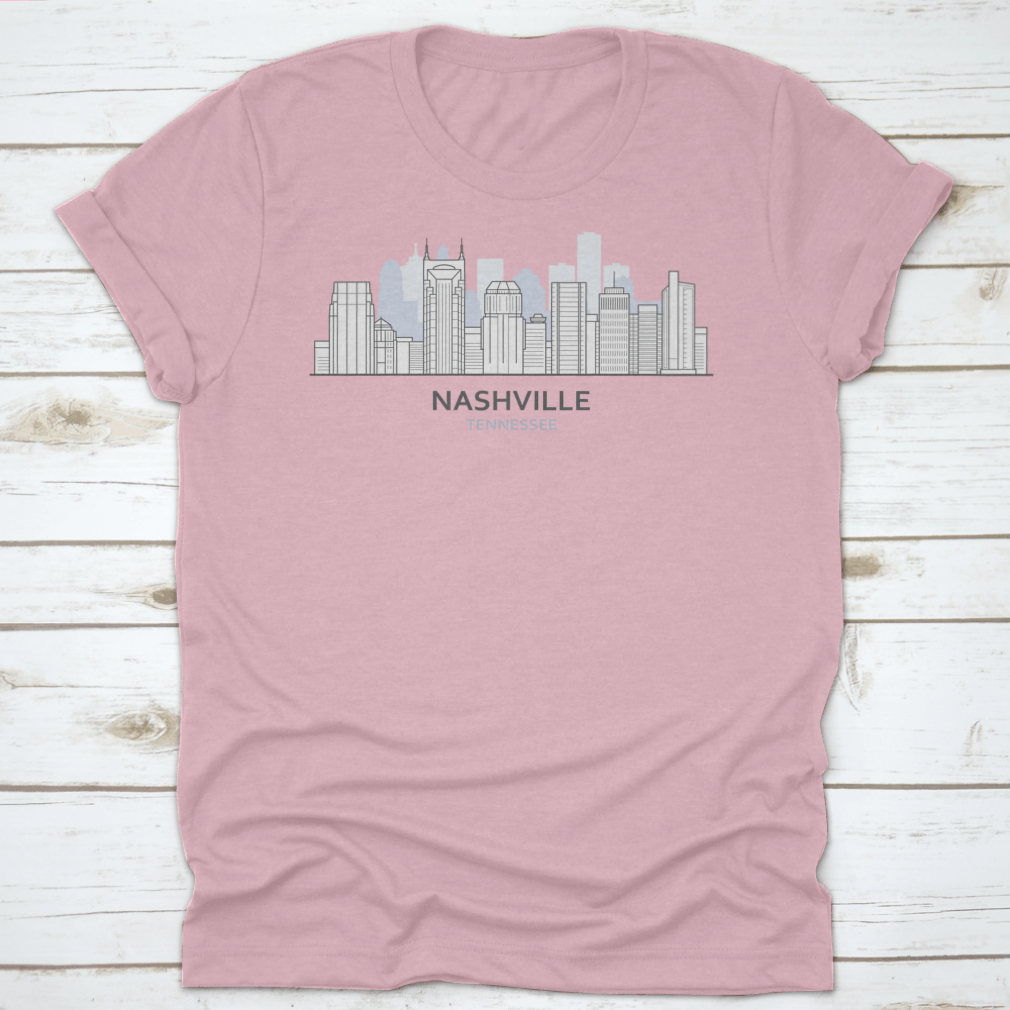 A stylish T-shirt featuring a line art design of the Nashville, Tennessee skyline, showcasing iconic buildings and structures.