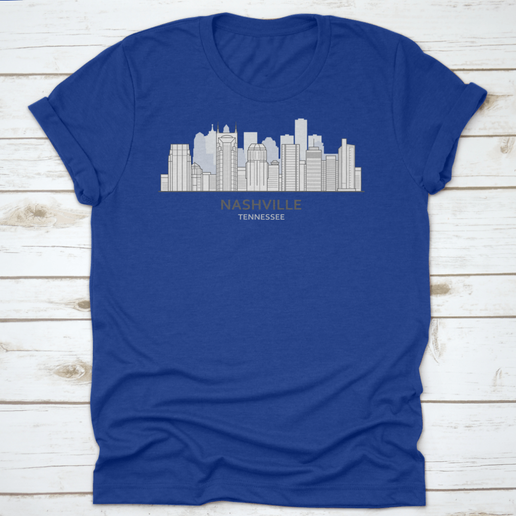 A stylish T-shirt featuring a line art design of the Nashville, Tennessee skyline, showcasing iconic buildings and structures.