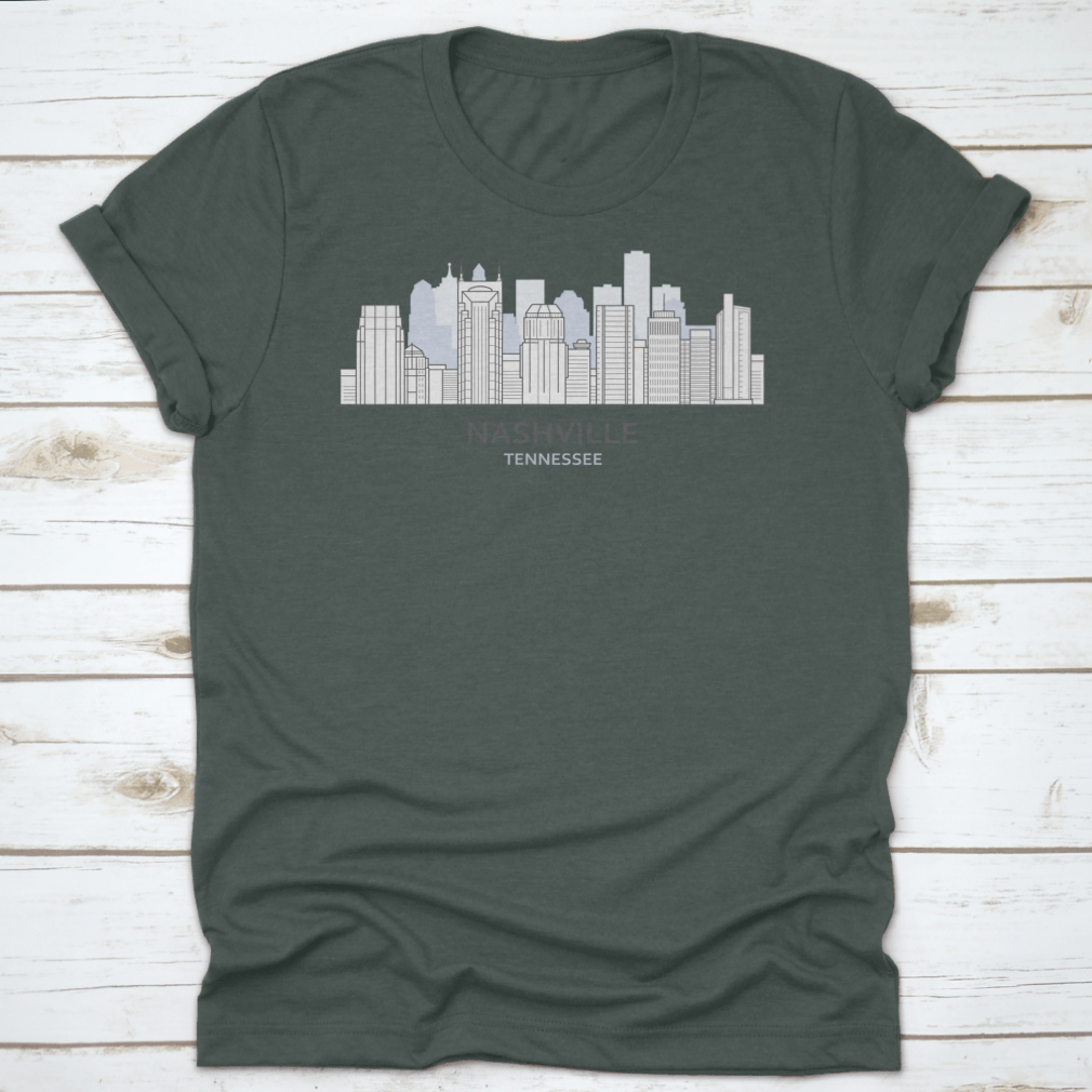 A stylish T-shirt featuring a line art design of the Nashville, Tennessee skyline, showcasing iconic buildings and structures.