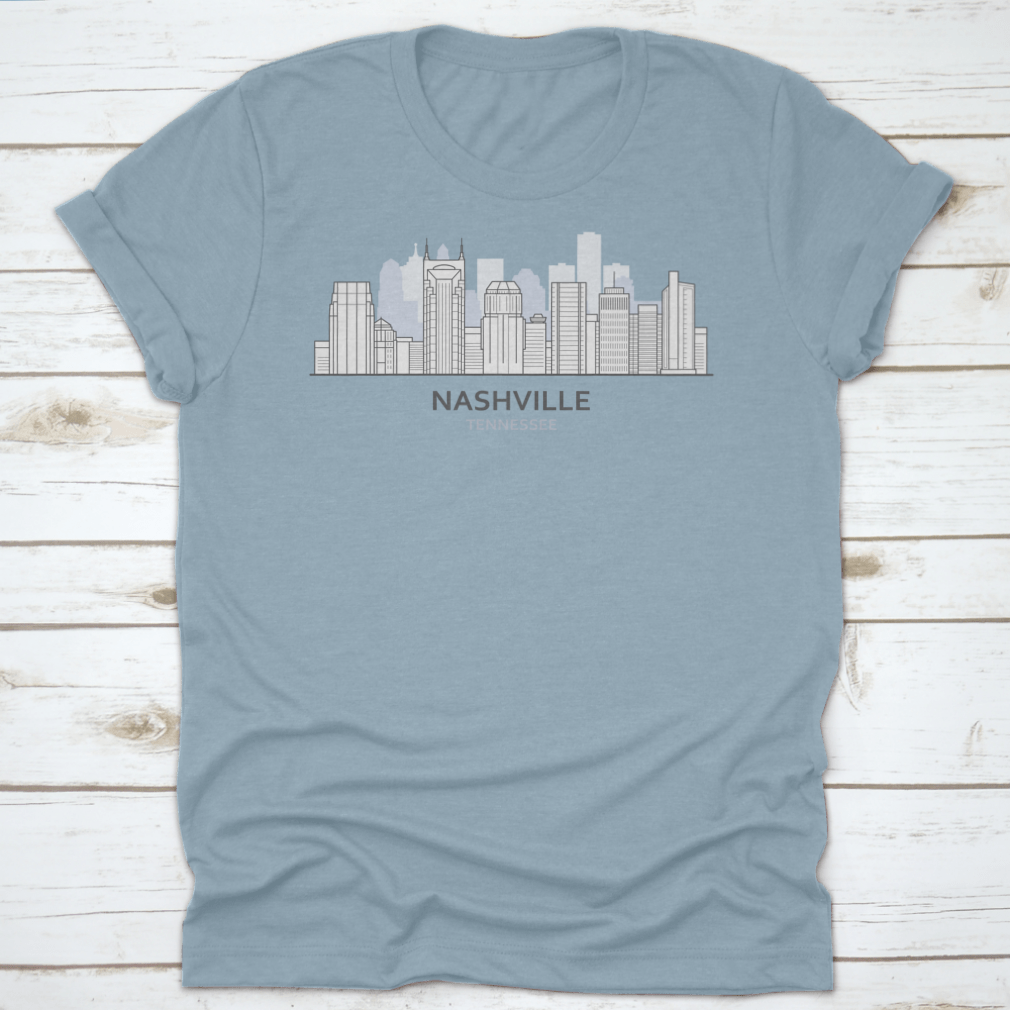 A stylish T-shirt featuring a line art design of the Nashville, Tennessee skyline, showcasing iconic buildings and structures.