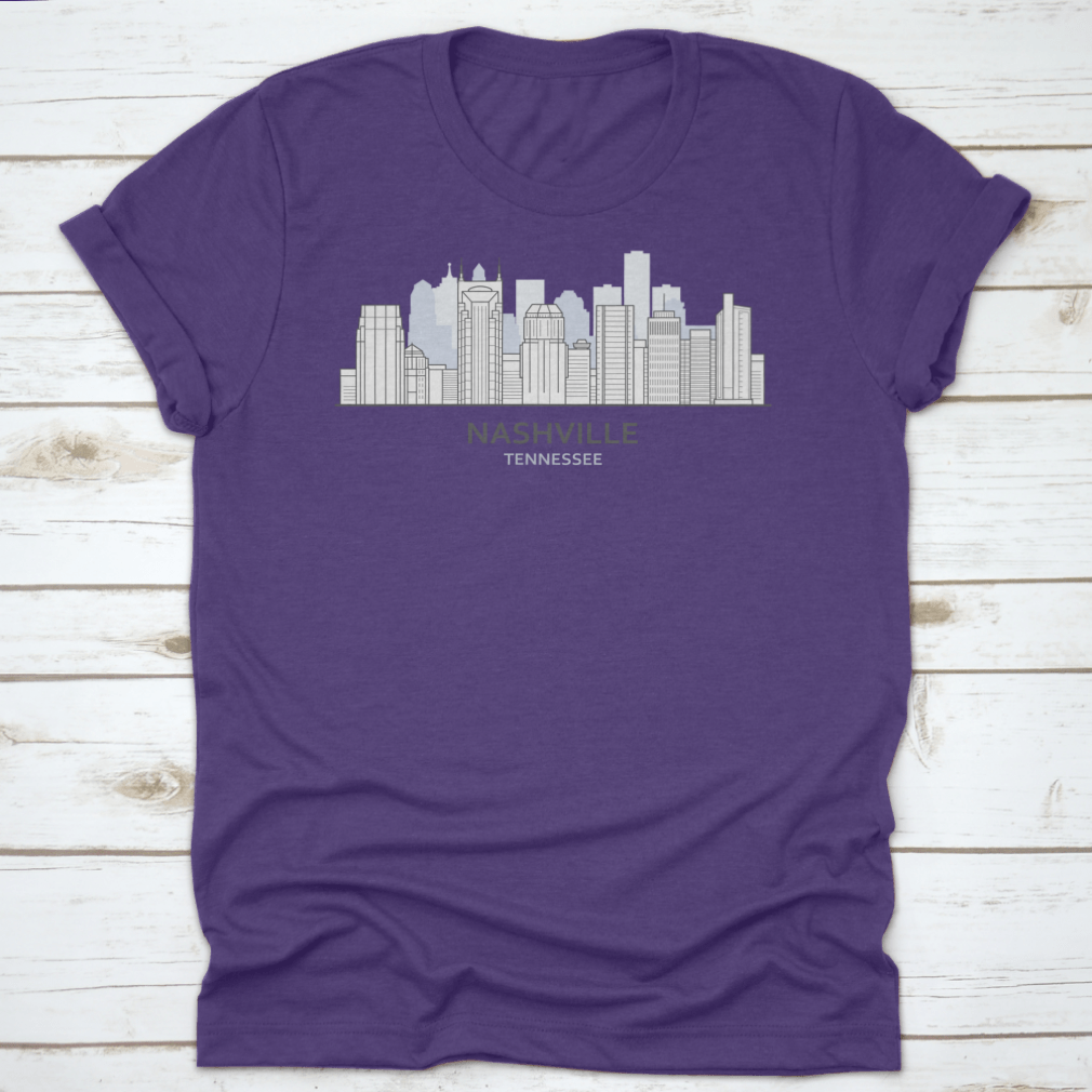 A stylish T-shirt featuring a line art design of the Nashville, Tennessee skyline, showcasing iconic buildings and structures.