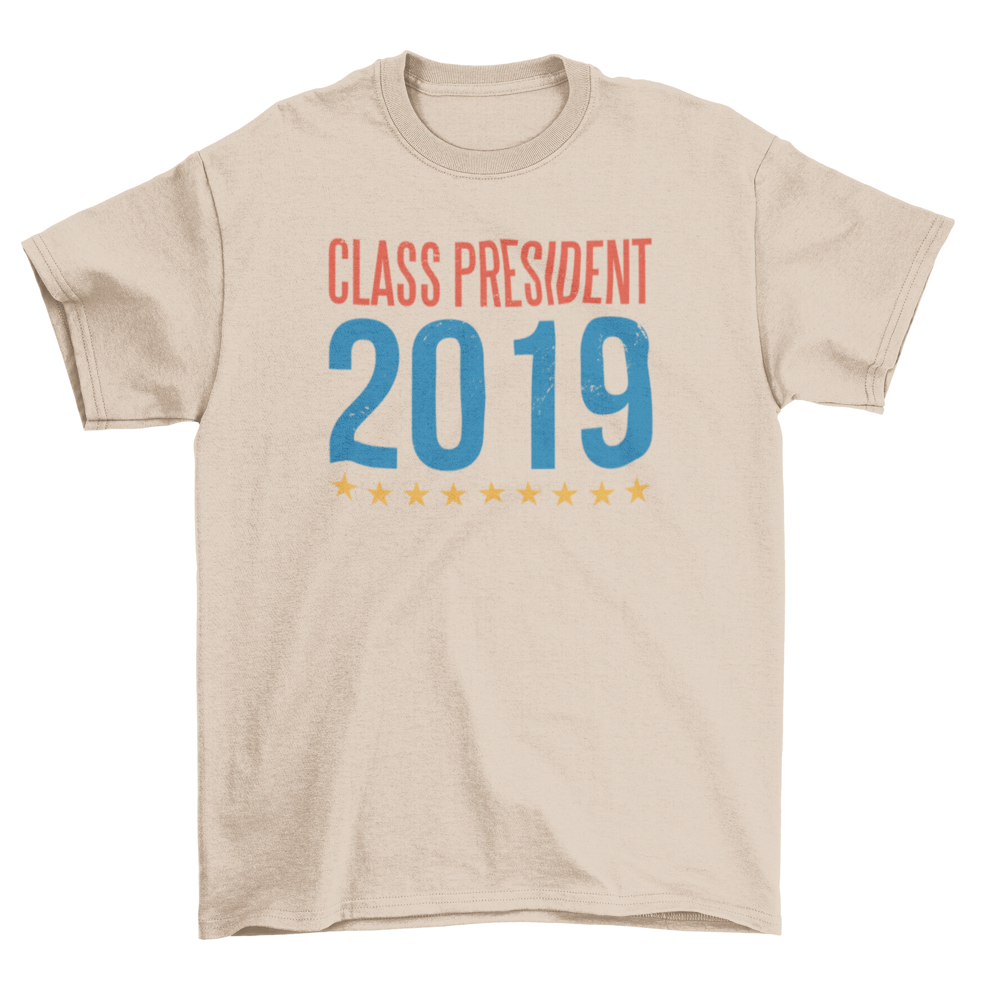 Class President T-shirt featuring bold lettering 'CLASS PRESIDENT 2019' in a stylish design.