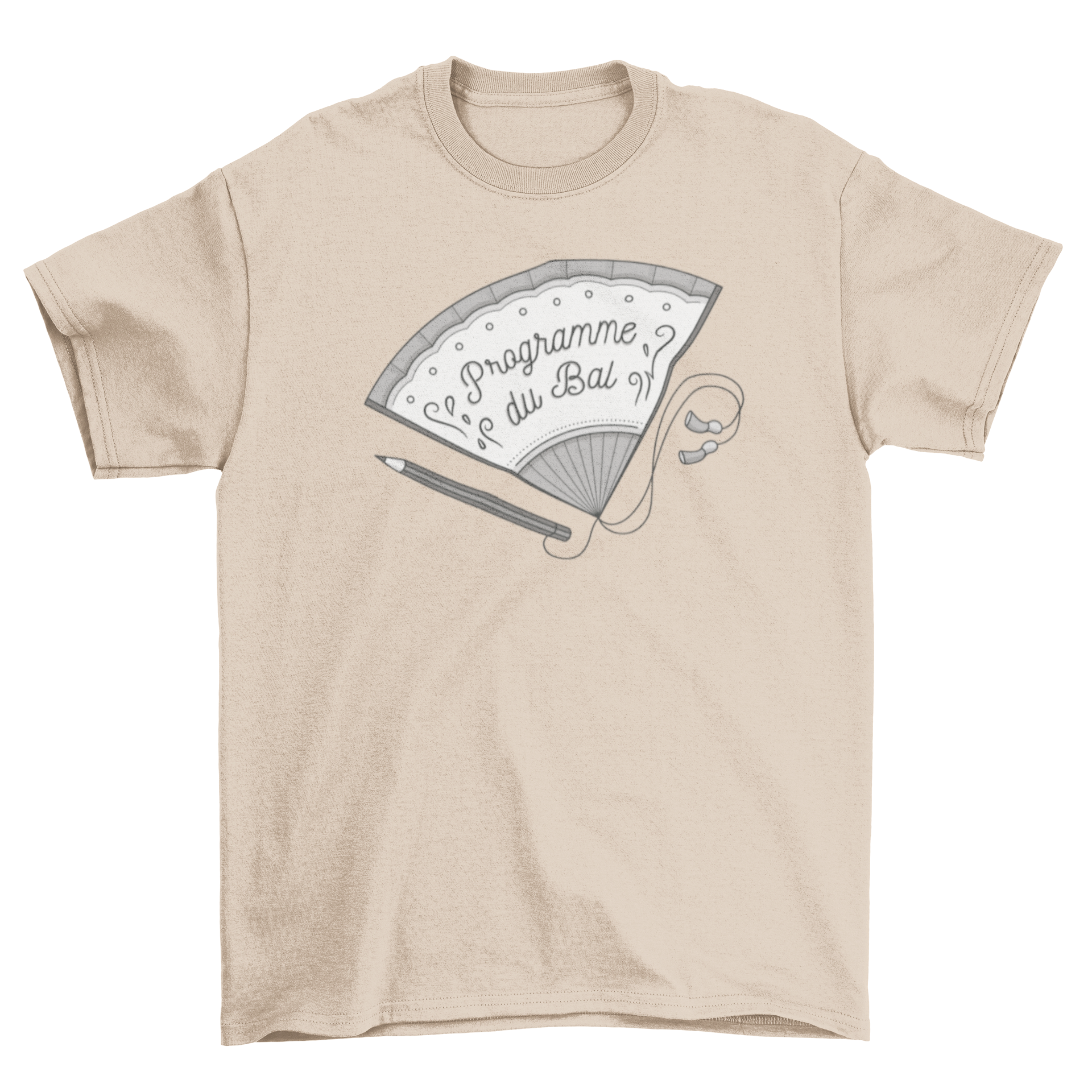 Classic fan party invitation t-shirt featuring a stylish fan design and a French quote.