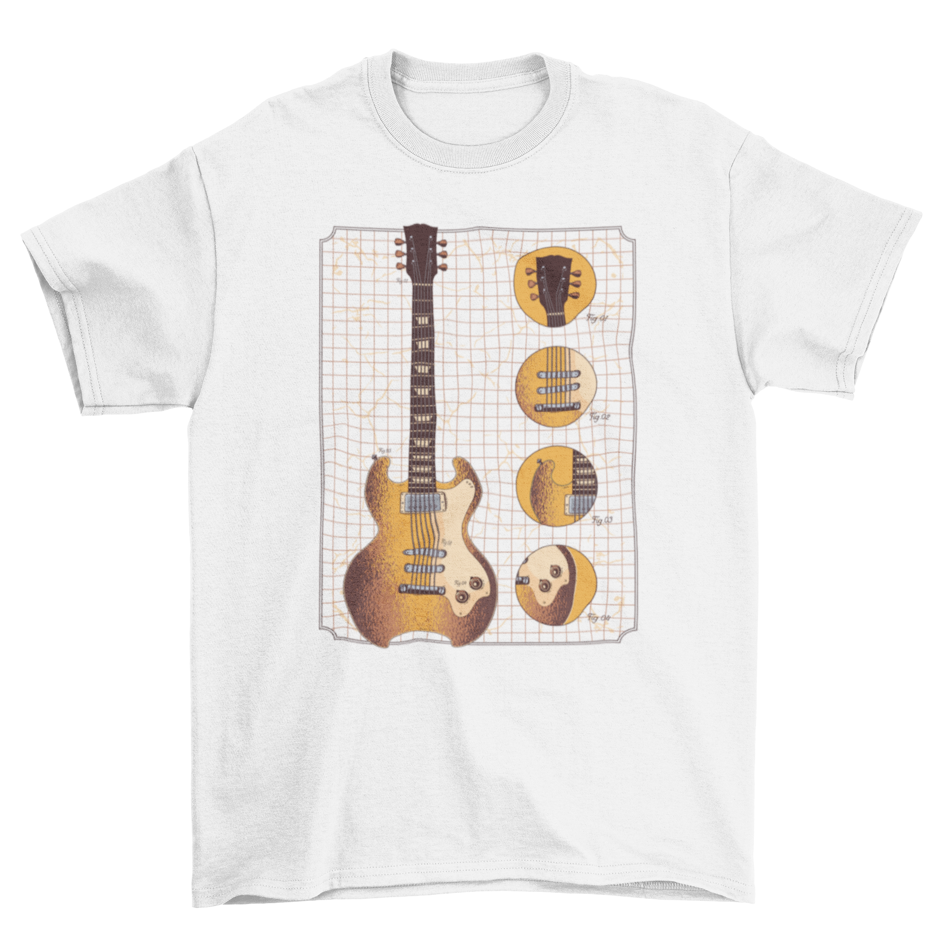 A stylish t-shirt featuring a detailed illustration of a classic guitar, perfect for music lovers.