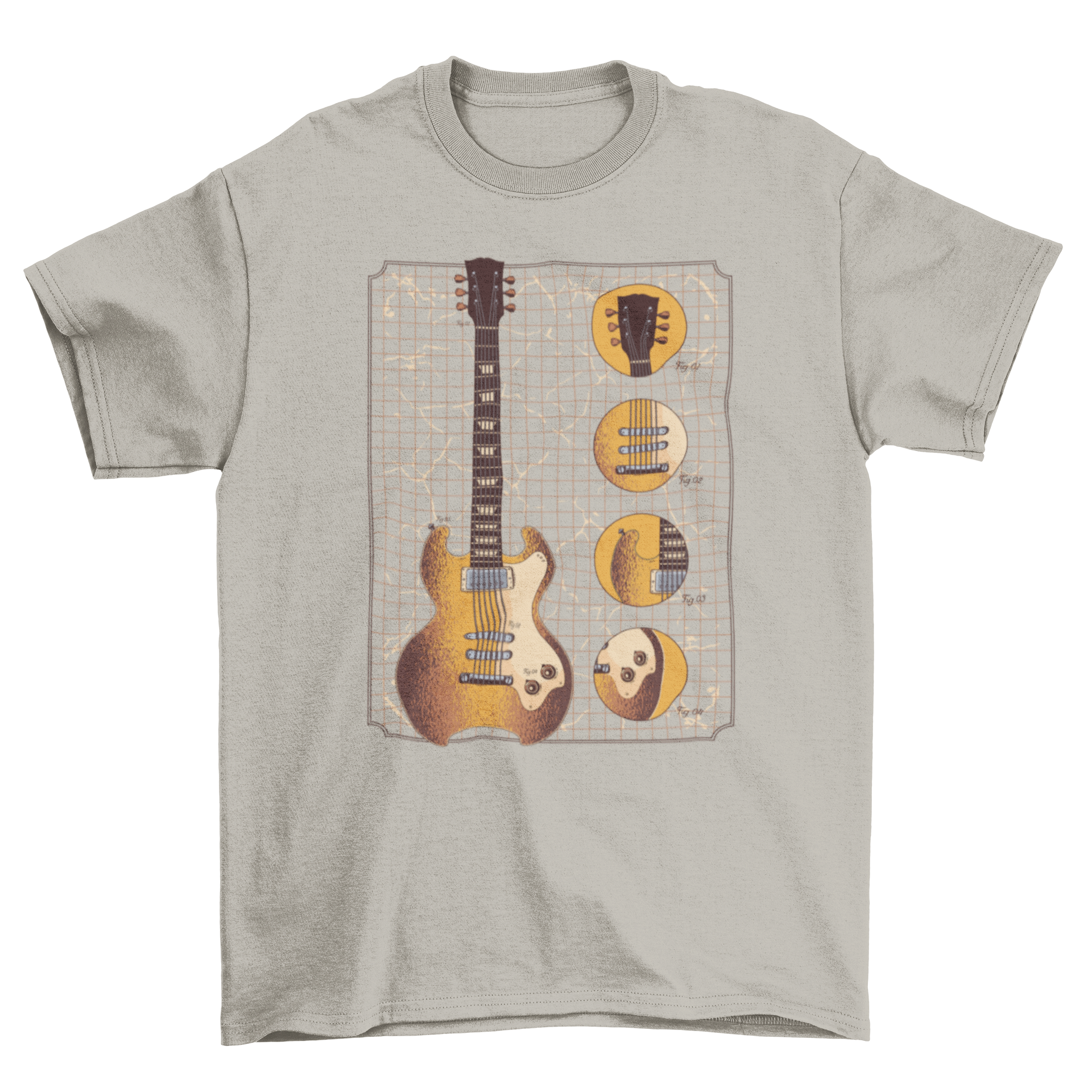 A stylish t-shirt featuring a detailed illustration of a classic guitar, perfect for music lovers.