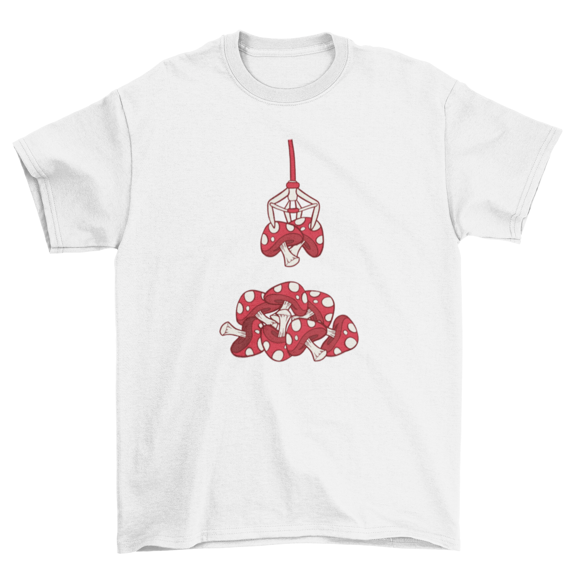 A colorful t-shirt featuring a claw machine picking up vibrant mushrooms, showcasing a playful and unique design.