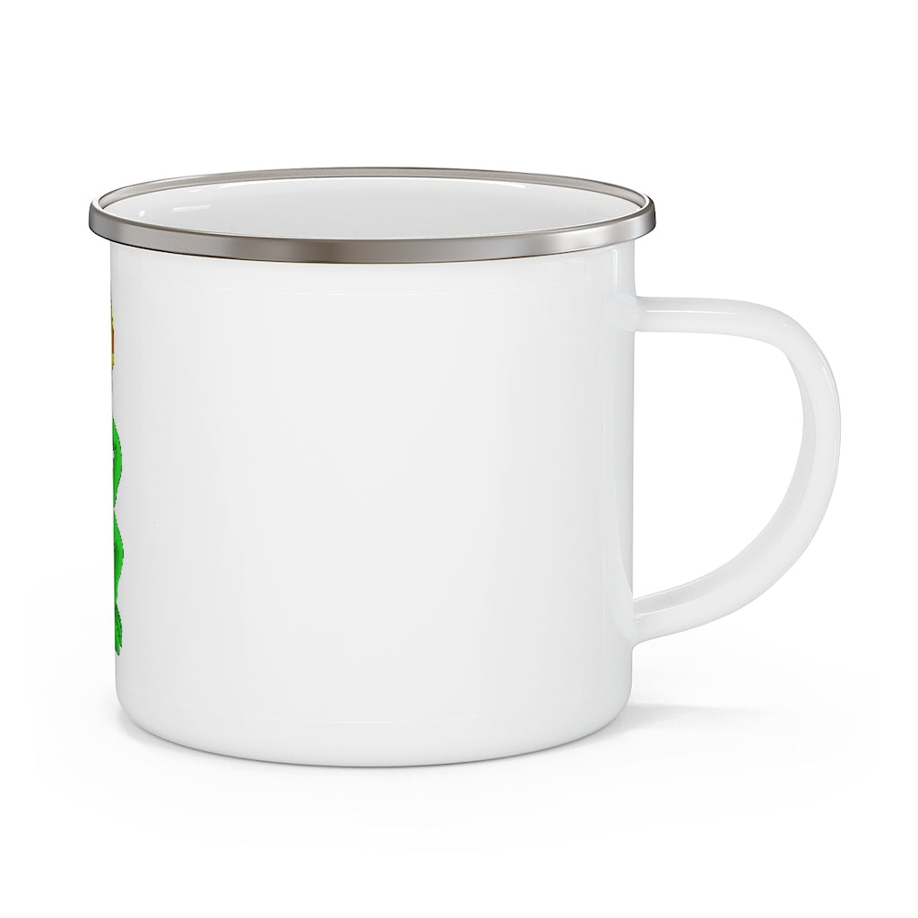 Clawmep Enamel Camping Mug with a personalized design, showcasing its durable stainless steel construction and C-handle.