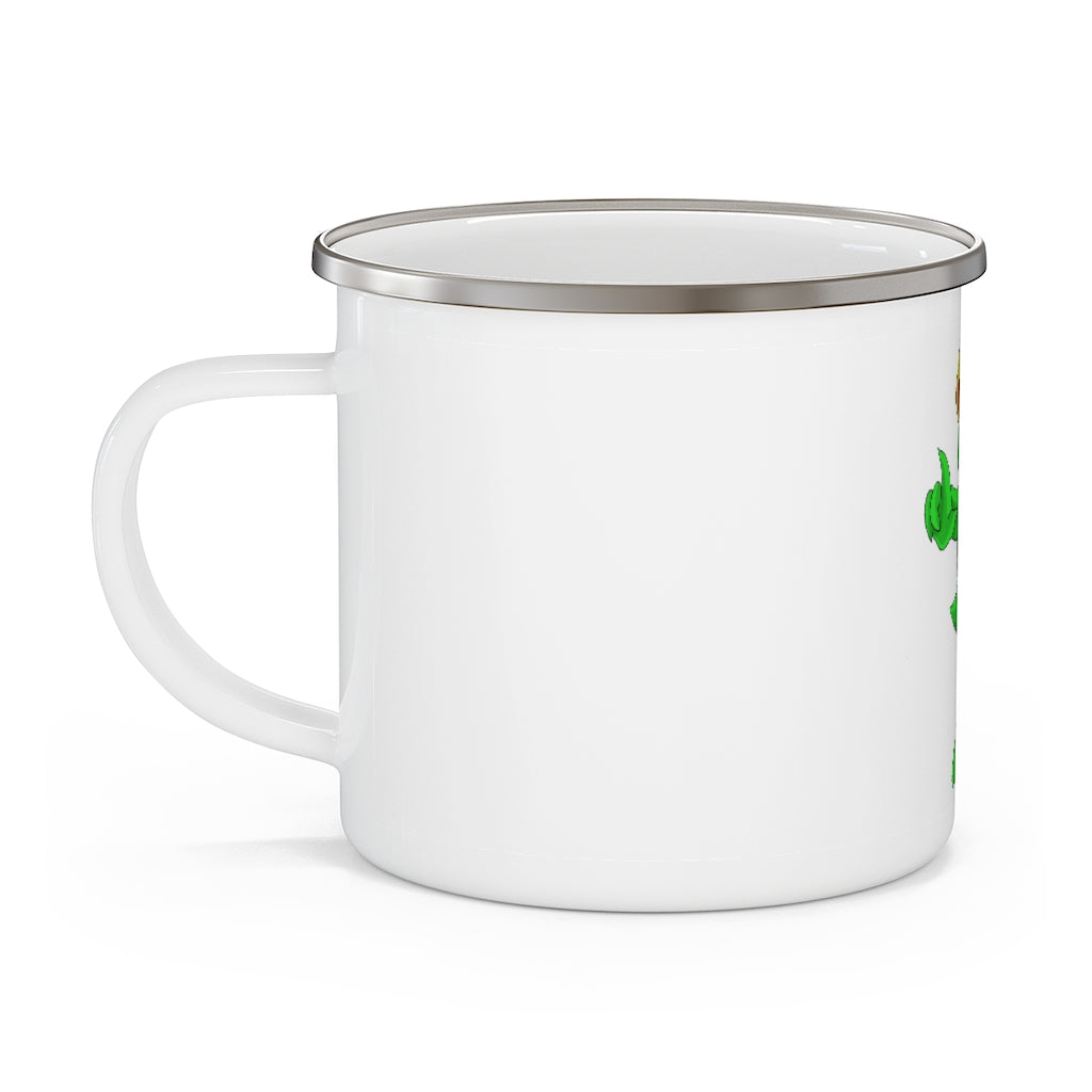 Clawmep Enamel Camping Mug with a personalized design, showcasing its durable stainless steel construction and C-handle.