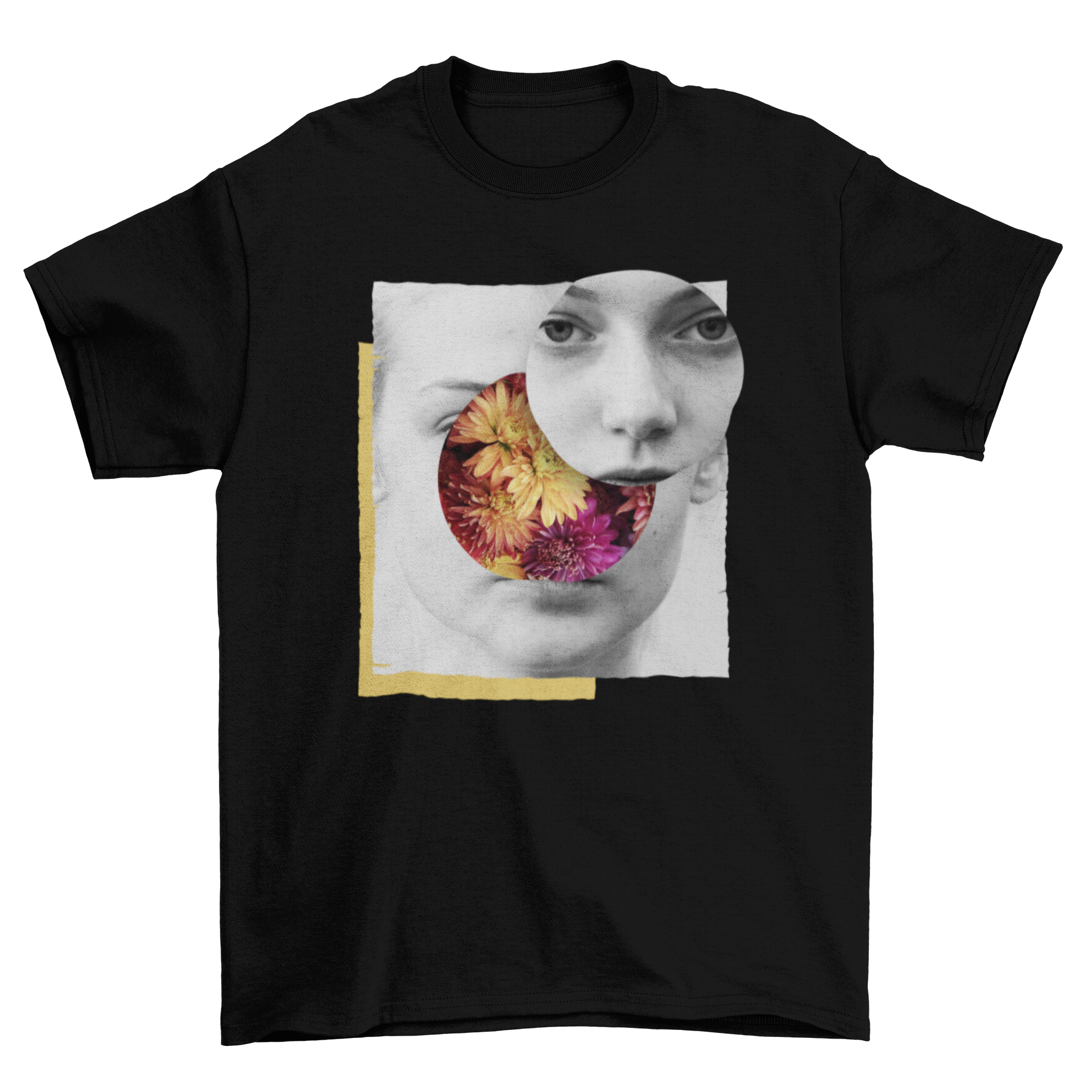 A stylish t-shirt featuring a clipping mask design with artistic images of women, showcasing creativity and modern fashion.
