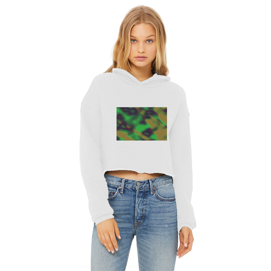 Cloud Concept Painting Ladies Cropped Raw Edge Hoodie in various colors, showcasing its stylish cropped design and raw edge hem.