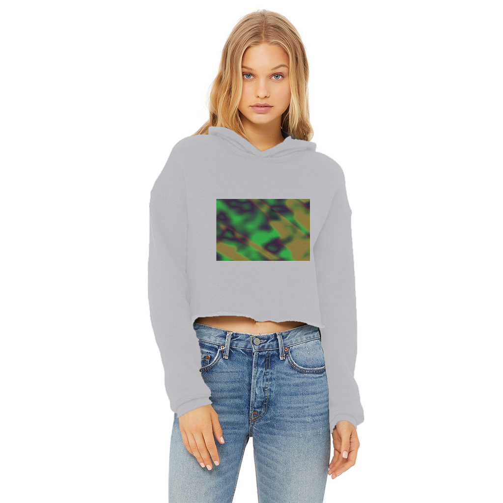 Cloud Concept Painting Ladies Cropped Raw Edge Hoodie in various colors, showcasing its stylish cropped design and raw edge hem.