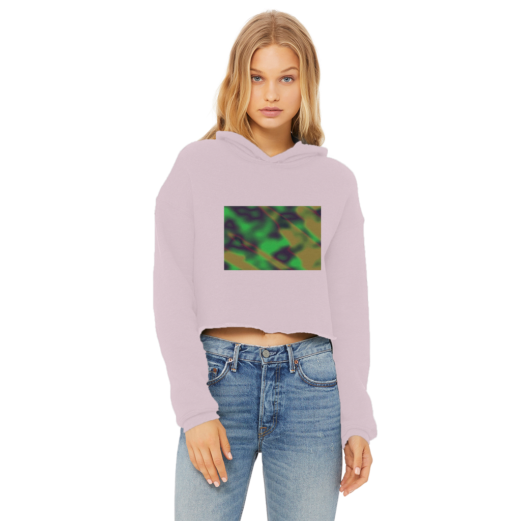 Cloud Concept Painting Ladies Cropped Raw Edge Hoodie in various colors, showcasing its stylish cropped design and raw edge hem.