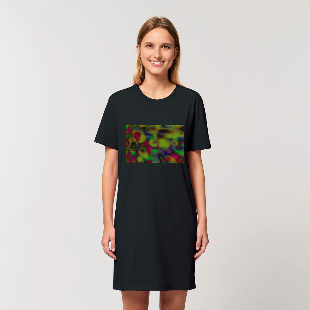 A stylish women's t-shirt dress featuring a unique cloud concept painting design, made from 100% organic cotton, showcasing its soft texture and comfortable fit.