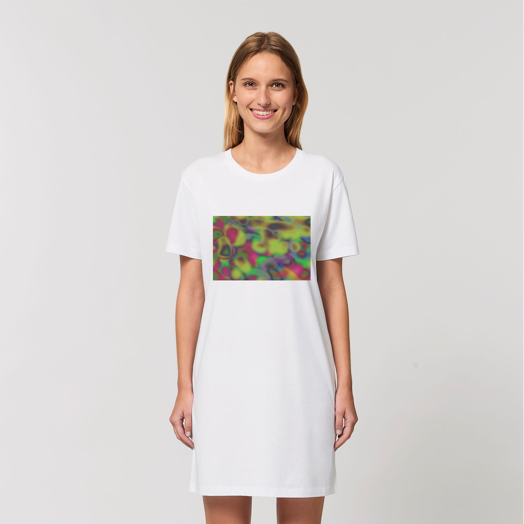A stylish women's t-shirt dress featuring a unique cloud concept painting design, made from 100% organic cotton, showcasing its soft texture and comfortable fit.