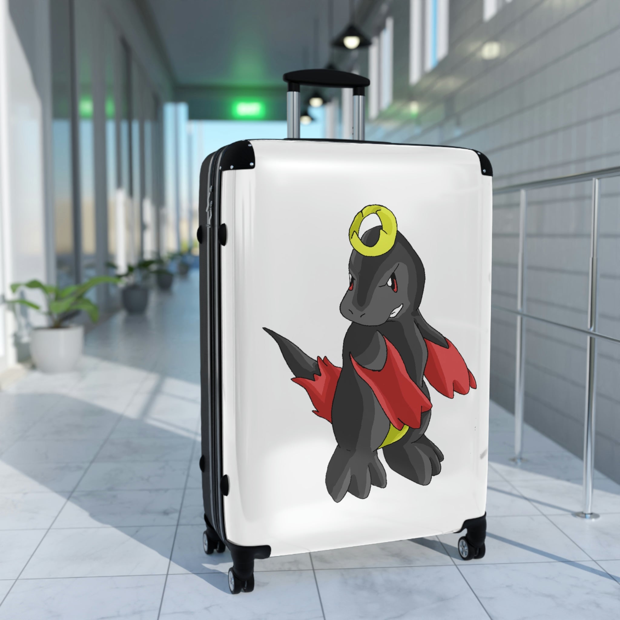 Cloudyking Cabin Suitcase with personalized design, showcasing its polycarbonate front and ABS back, adjustable handle, and 360° swivel wheels.