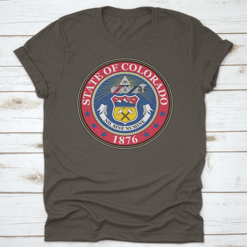 A stylish t-shirt featuring the Coat of Arms of Colorado, showcasing its vibrant colors and classic fit, perfect for state pride.
