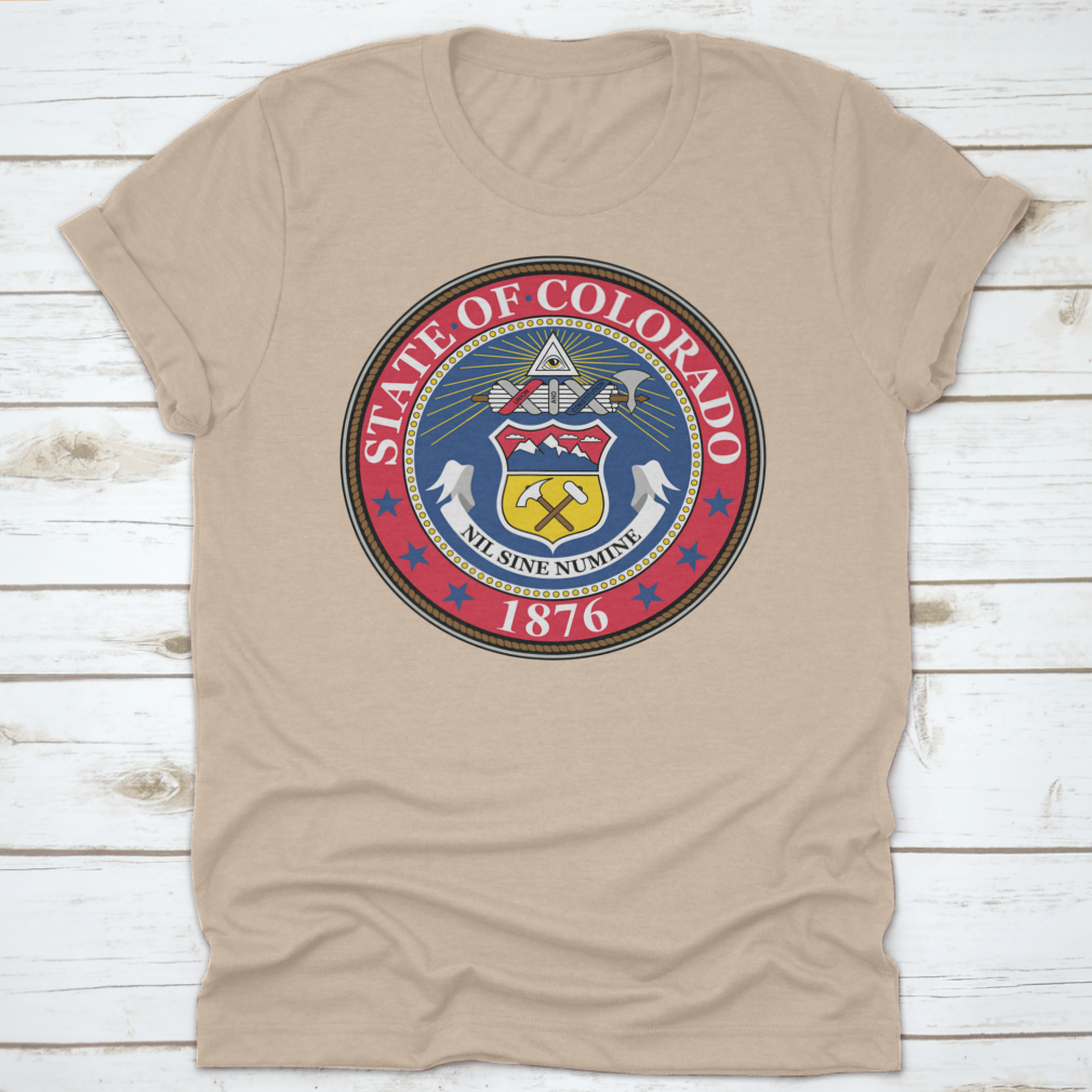 A stylish t-shirt featuring the Coat of Arms of Colorado, showcasing its vibrant colors and classic fit, perfect for state pride.