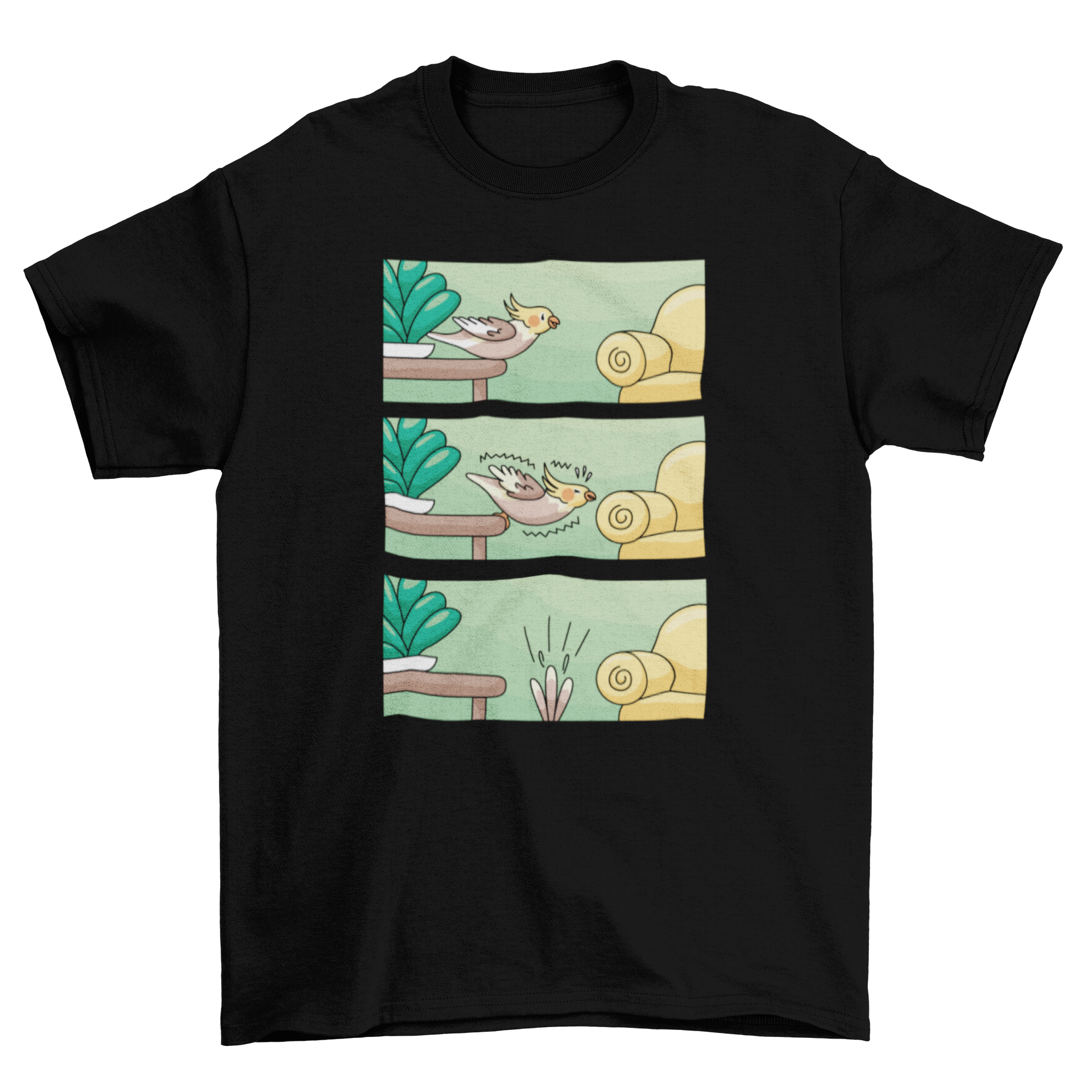 Cockatiel Comic Strip T-shirt featuring a playful design of a cockatiel missing a sofa.