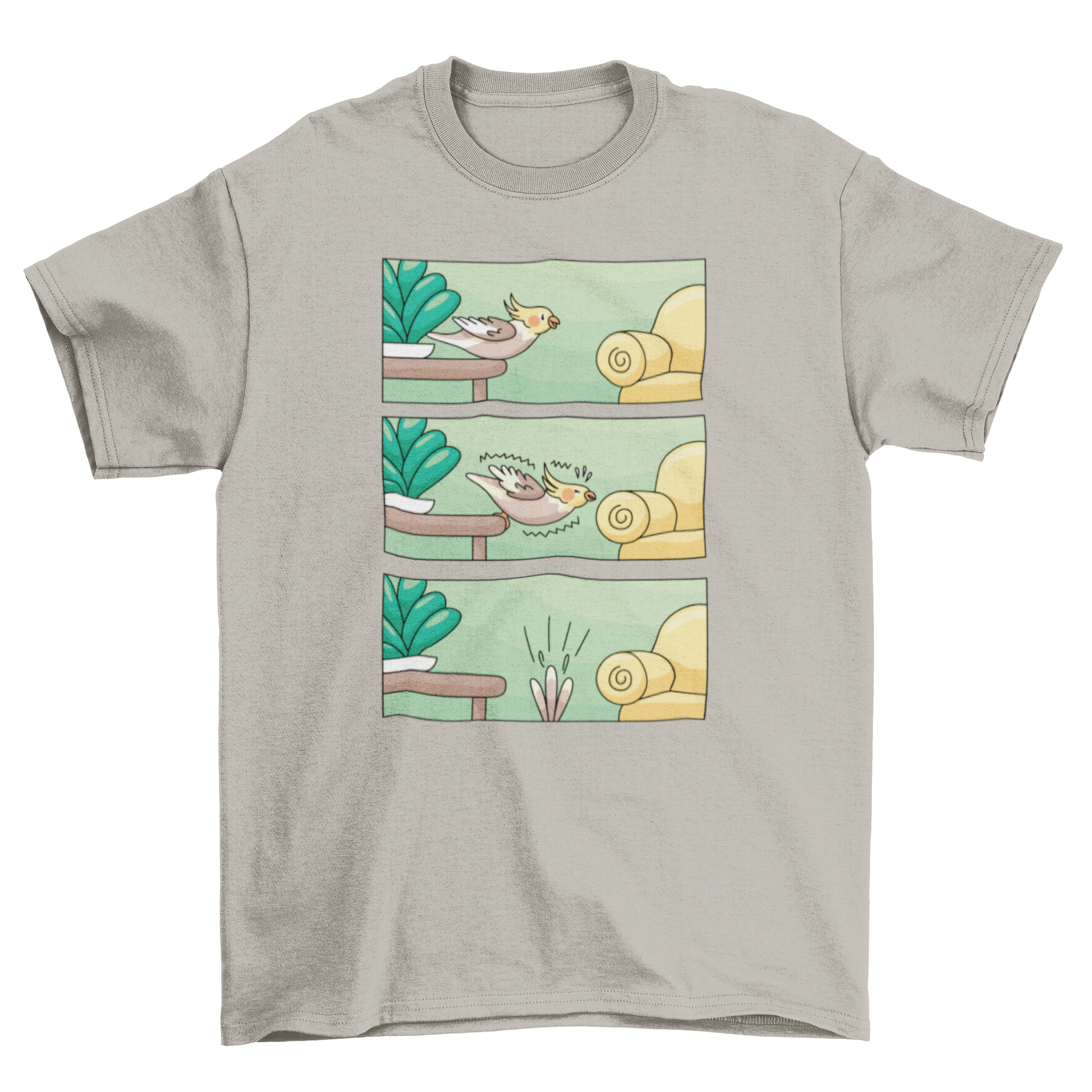 Cockatiel Comic Strip T-shirt featuring a playful design of a cockatiel missing a sofa.
