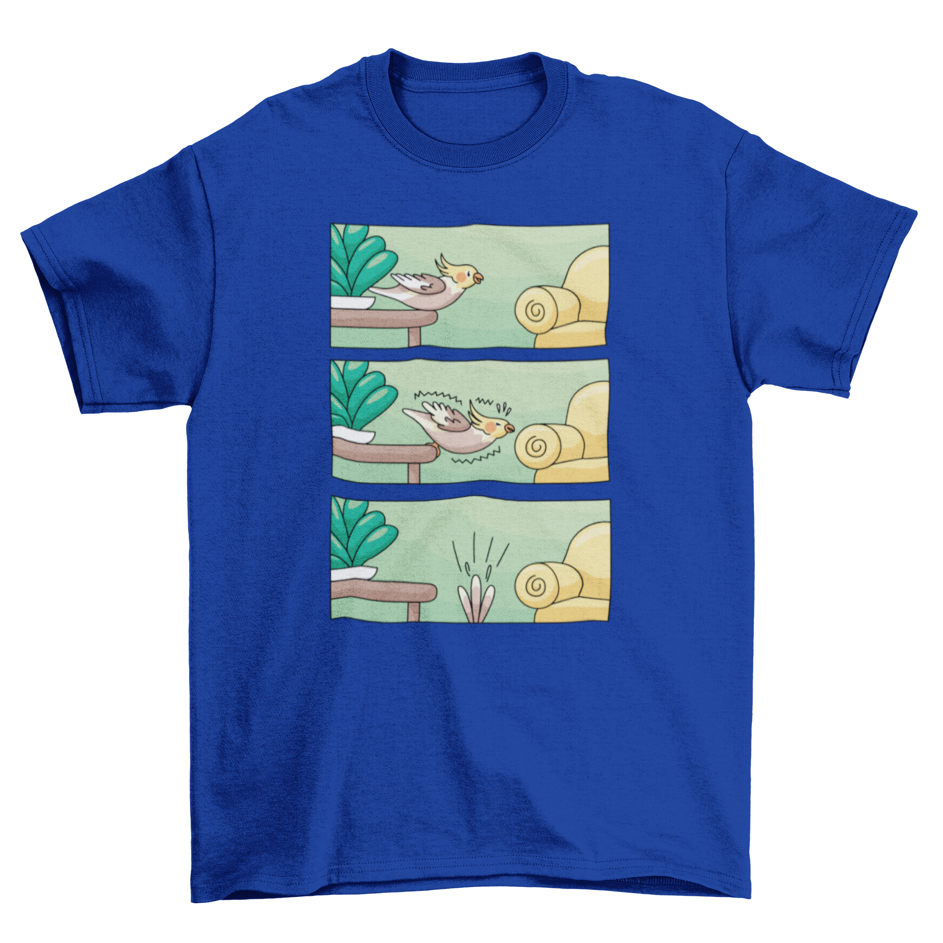 Cockatiel Comic Strip T-shirt featuring a playful design of a cockatiel missing a sofa.